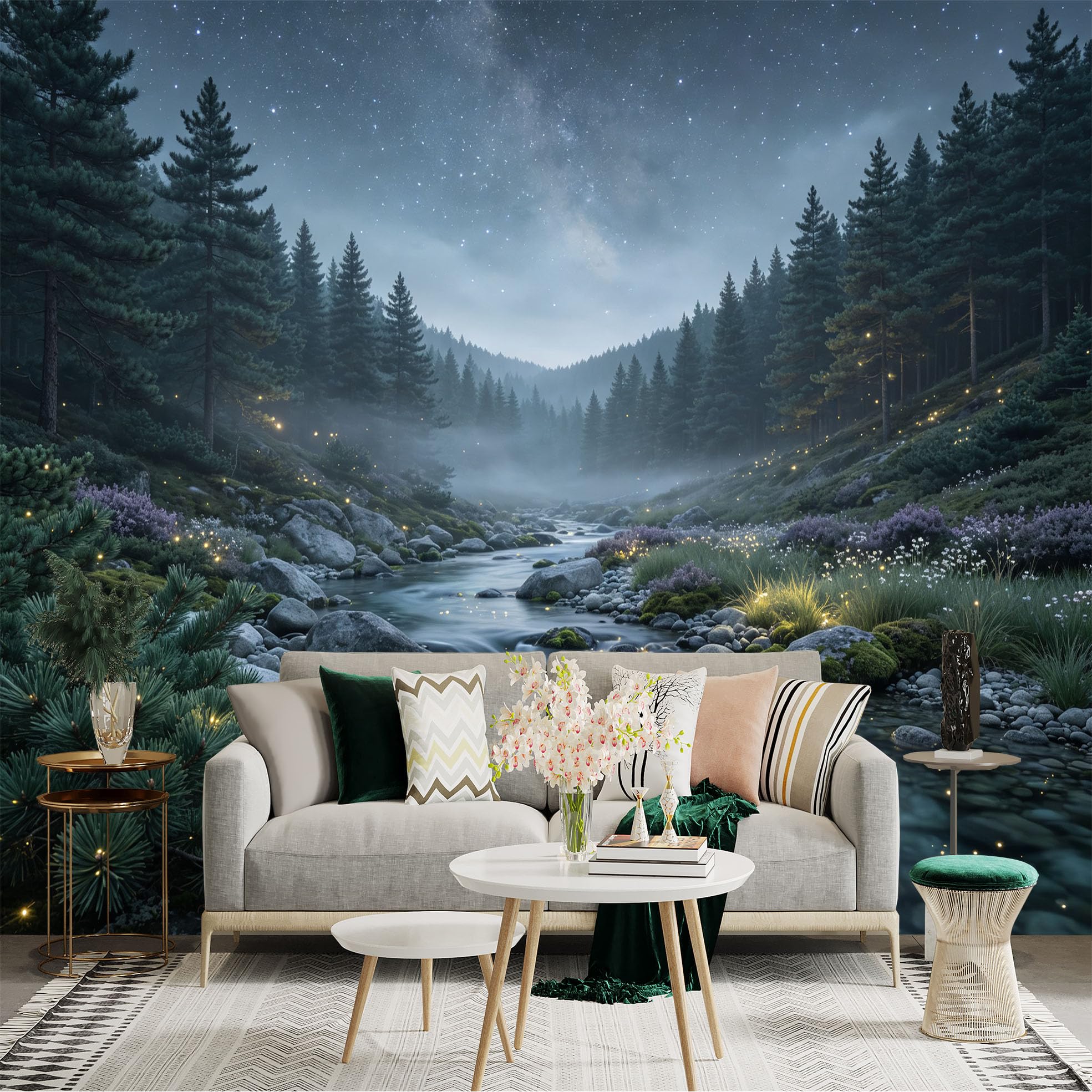 Lnzczhyre Bh260719603 Custom Size Wall Sticker Mural， Enchanted Forest Stream， Misty Riverbank， Glowing Night Landscape， Starry Sky Wilderness， For Wall Decoration， Peelandstick Wall Decals.