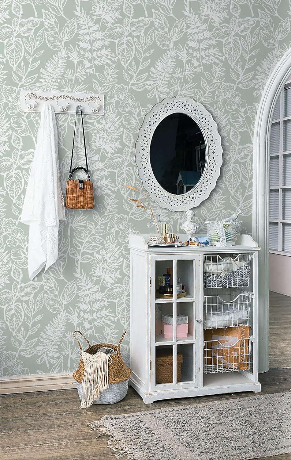 Safiyya Peel and Stick Wallpaper Green and White Floral Leaf Contact Paper Peel and Stick 17.3"x393" Wall Paper Self Adhesive Removable Wallpaper for Bedroom Bathroom Vinyl Roll