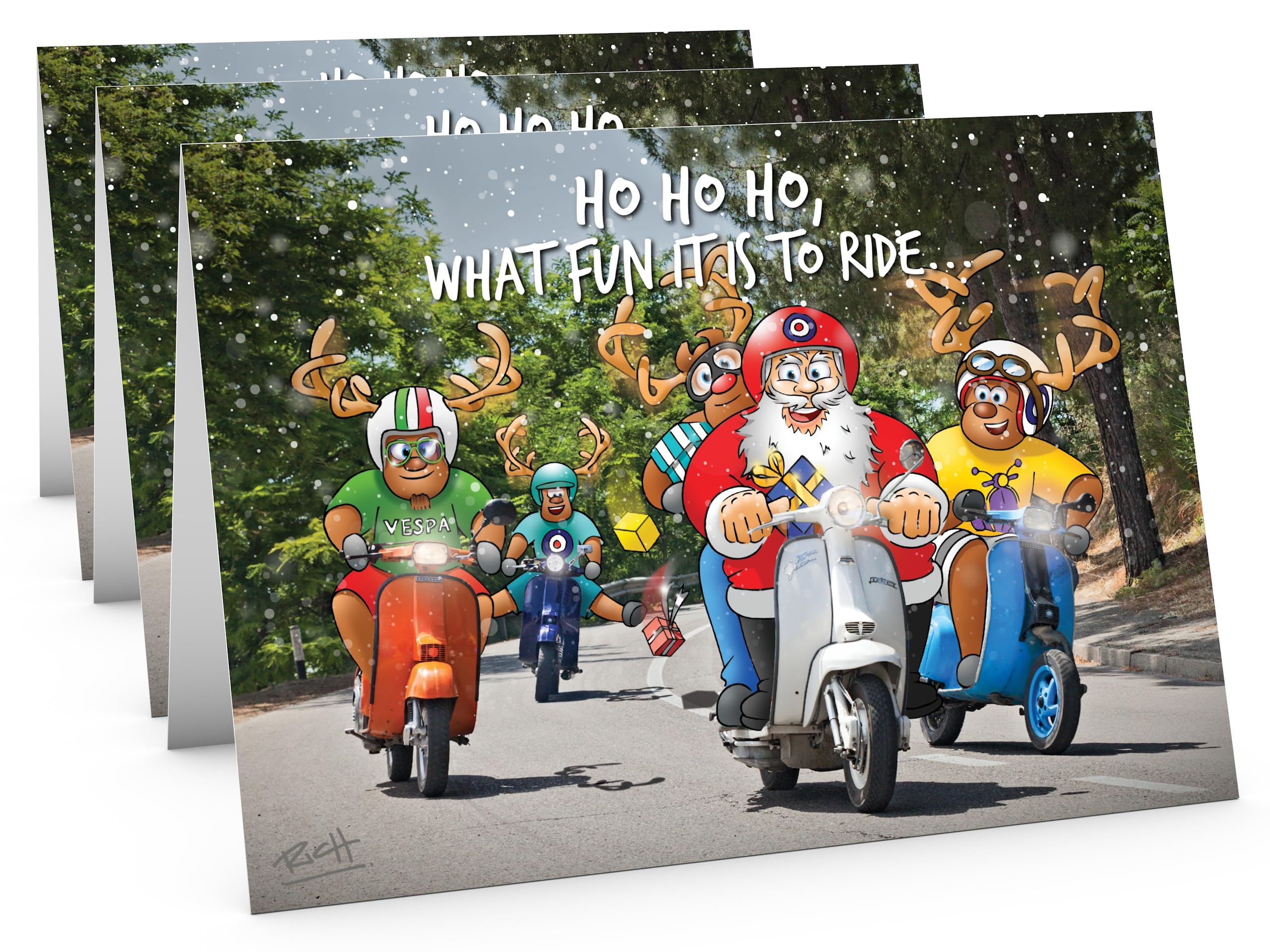 STREET SANTA - Scooter Christmas Cards - Pack of 3 Cards - Santa and Reindeers Coastal Ride, Hand-Drawn UK Illustration, Large A5-Sized (210mm x 148mm), Gloss Finish, Blank Inside