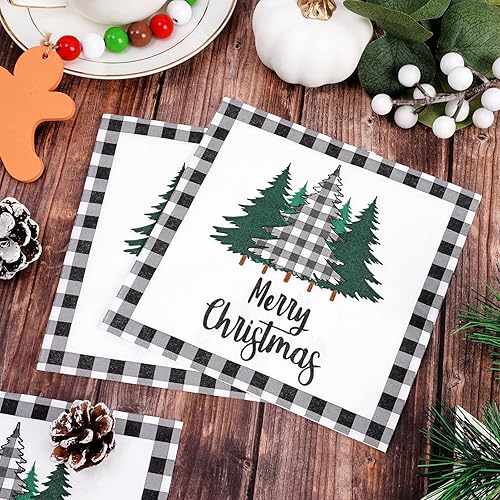 Miniatura 5 de Whaline Paquete de 80 servilletas de Navidad de papel con diseño de árbol de Navidad, diseño de búfalo blanco y negro, servilletas desechables de