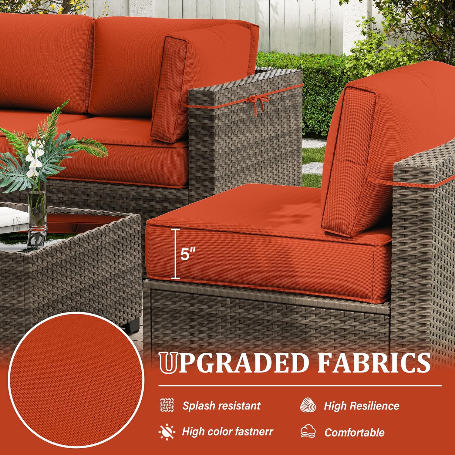 Outdoor Furniture Replacement Cushions, 5" Foam Foam High-Density, Fits 6-seat Sectional Rattan Conversation Set, 14 Piece Patio Water-Resistant Replacement Sofa Cushions, Liner&Cover
