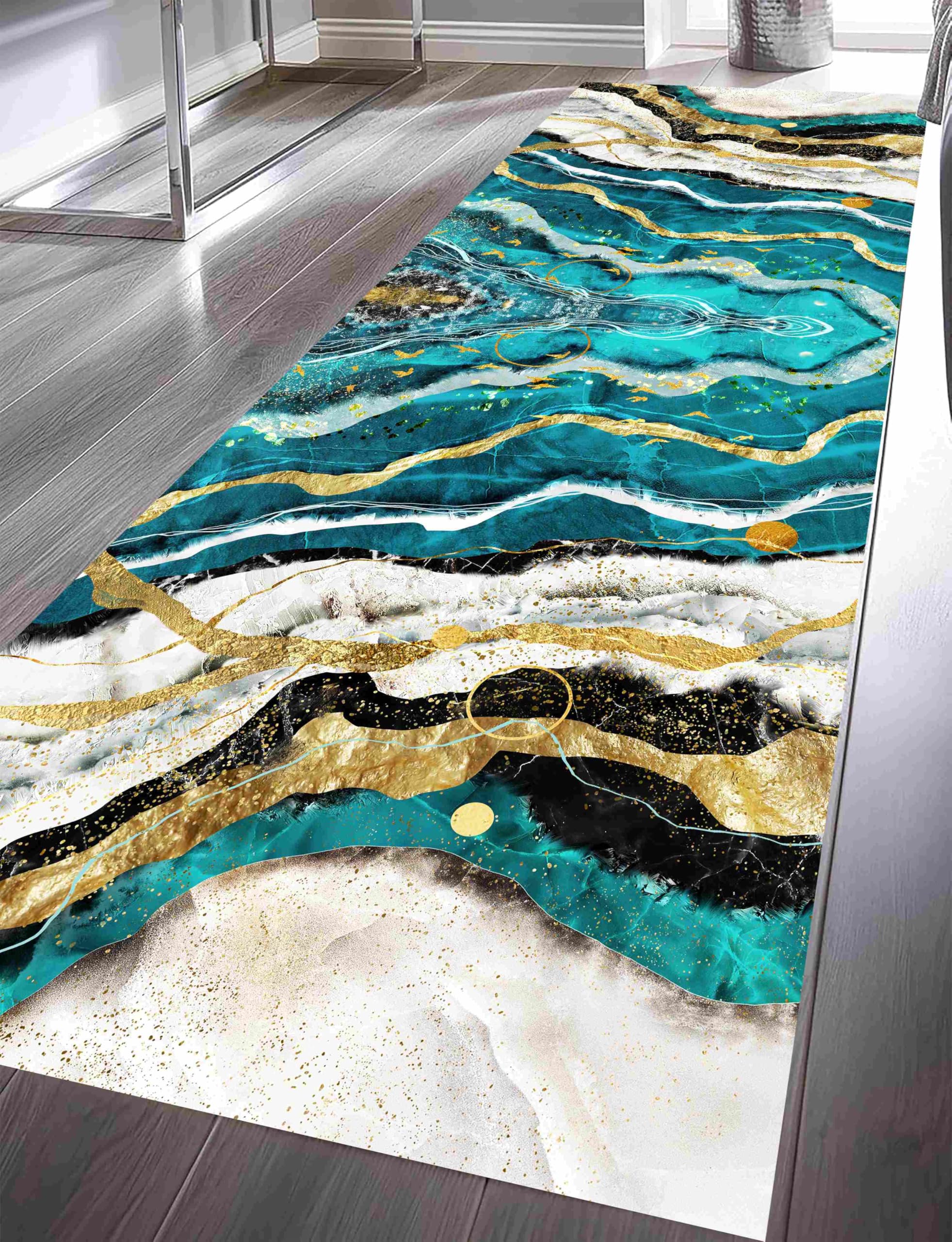 Kuluoits Marble Runner Rug,80x200cm, Abstract Art Beach River Gold Fluid Stylish Long Hallway Rug, Modern Luxury Bathroom Mat Kitchen Runner, Soft With Rubber Backing Carpet for Entry Living Room
