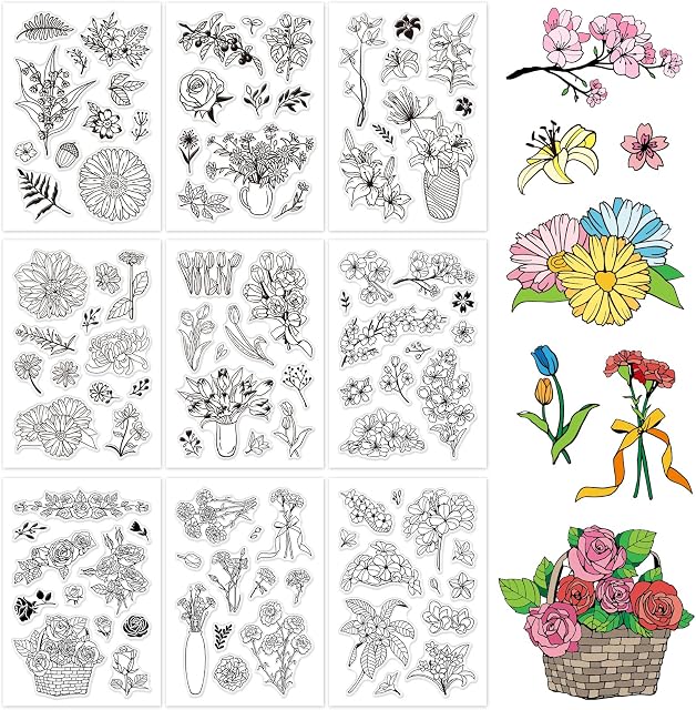 GLOBLELAND 9 Sheets Flower Theme Clear Stamps Flowers Pattern Silicone Stamp for Card Making Decoration and DIY Scrapbooking