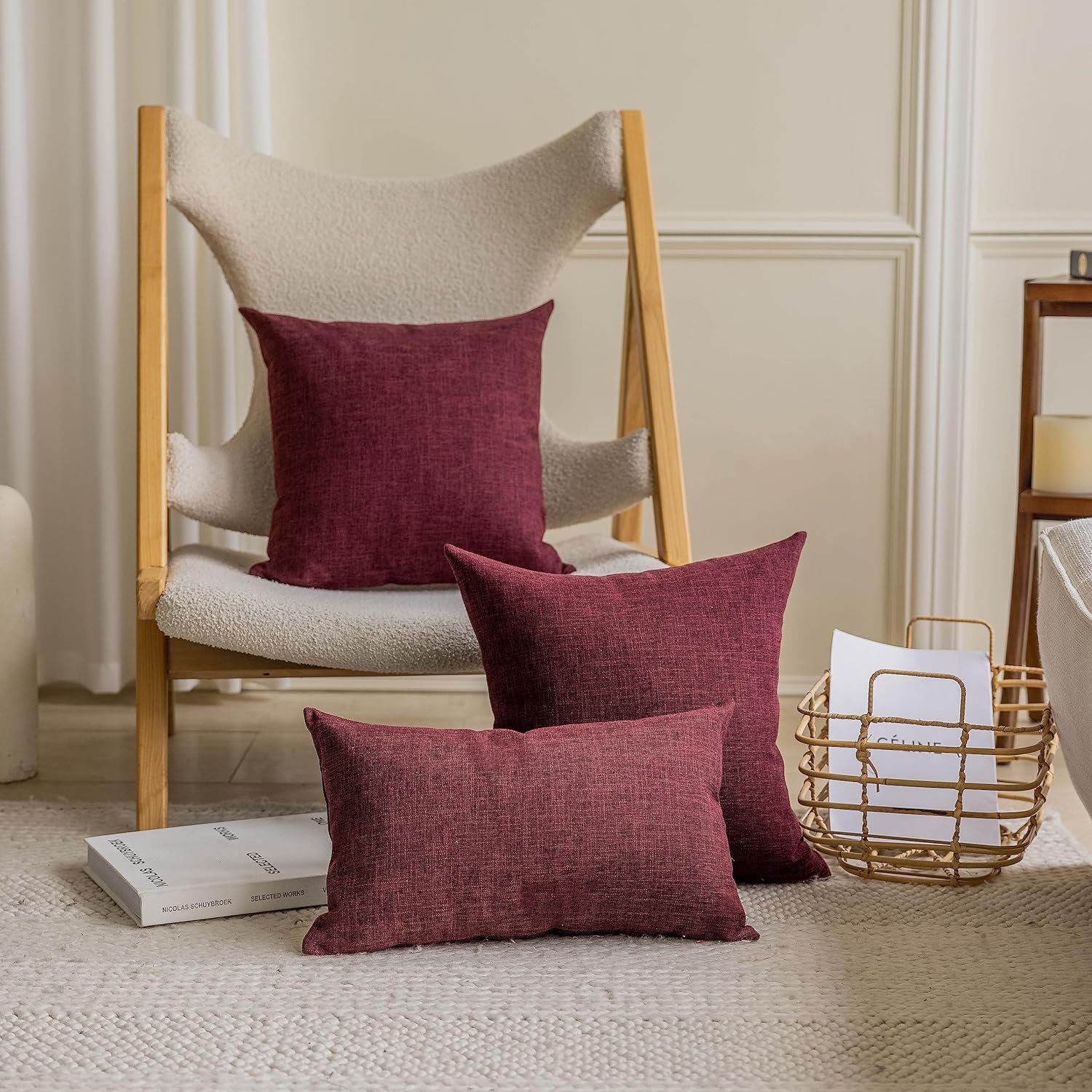 Home Brilliant Euro Sham Pillow Covers 26x26 Set of 2 Soft Lined Linen Decorative Pillow Covers Square Vintage Pillow Cases for Party Anniversary and Wedding, 26 x 26 Inch, Wine Red