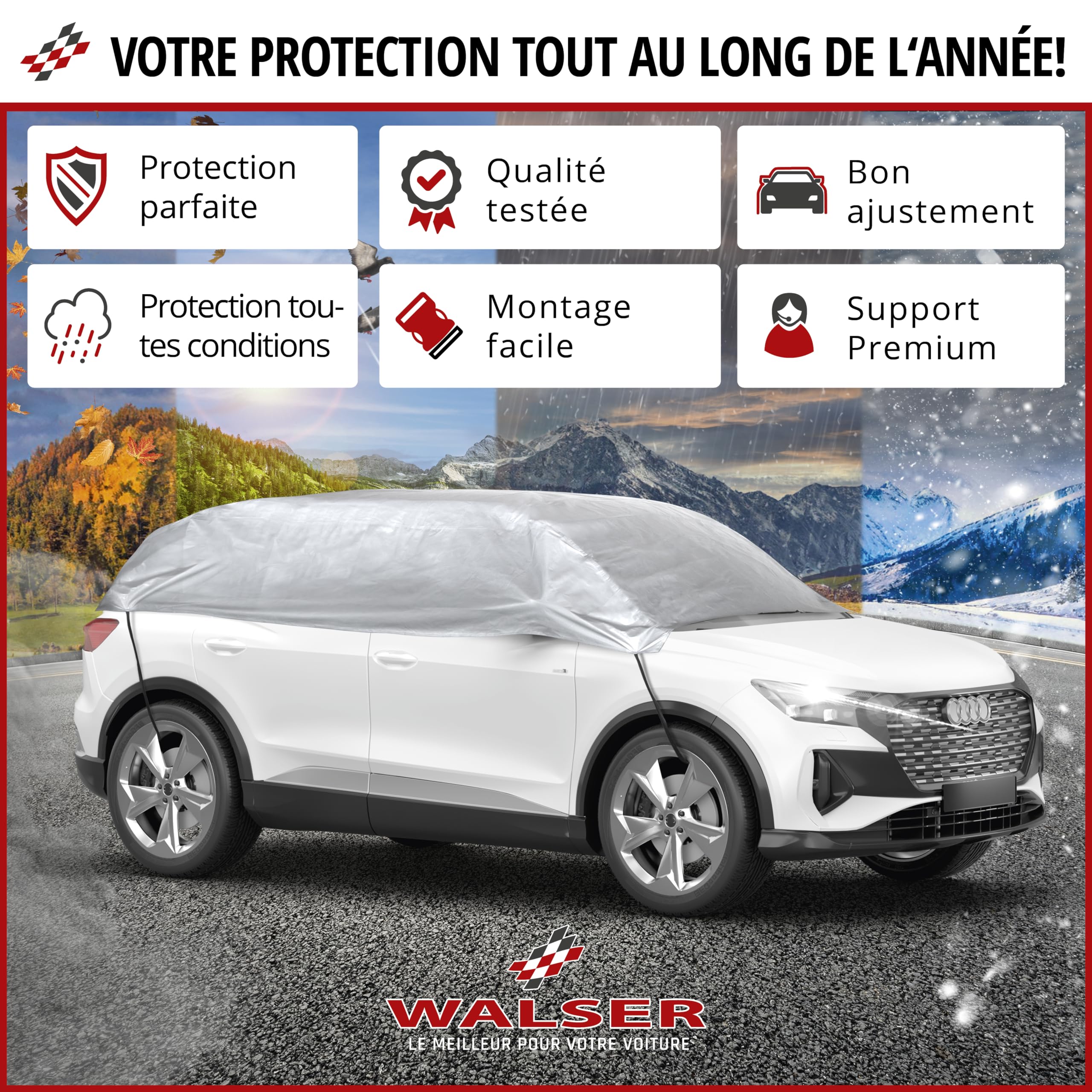 WALSER Bâche de Protection pour Voiture All Weather, 100% bâche Voiture imperméable, Housse Voiture imperméable, Bâche de Voiture Demi-bâche Taille 2 Argent