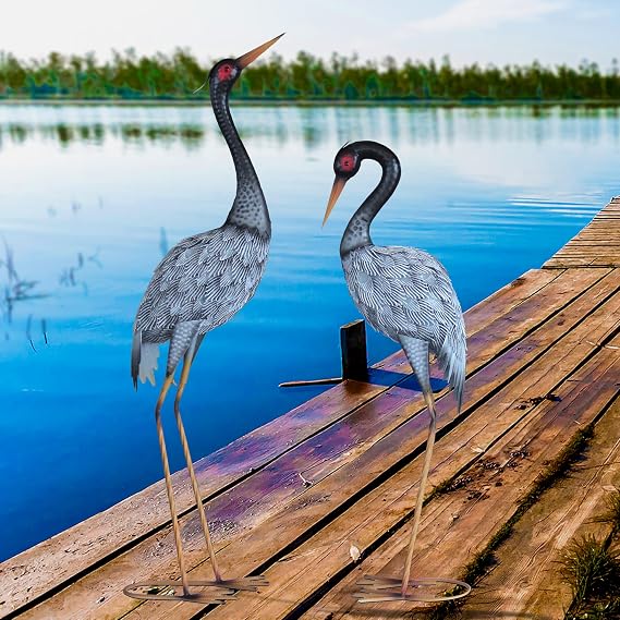 Crane Statue Garden Decor Metal Yard Art for Outdoor Patio Lawn Pool