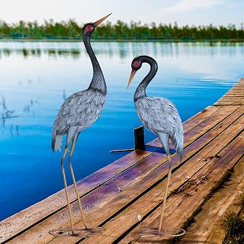 Crane Statue Garden Decor Metal Yard Art for Outdoor Patio Lawn Pool