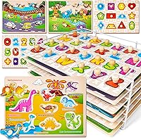 SYNARRY 6-in-1 Wooden Peg Puzzles for Toddlers 1-3 with Rack: Alphabet, Numbers, Shapes, Animals, Dinosaurs - Ideal Easter Valentine Gifts for Boys Girls