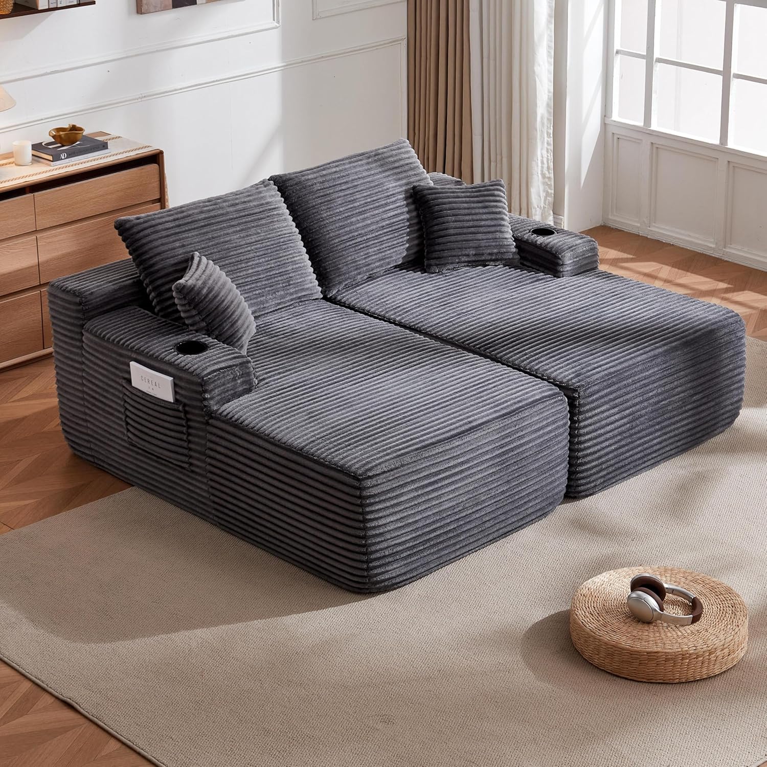 69-Inch Fluffy Corduroy Boneless Sleeper Daybed Loveseat Double Recliner Chaise Lounge Sofa Couches, Floor Cloud Sofa Chaise W/4 Pillows for Home Apartment Living Room