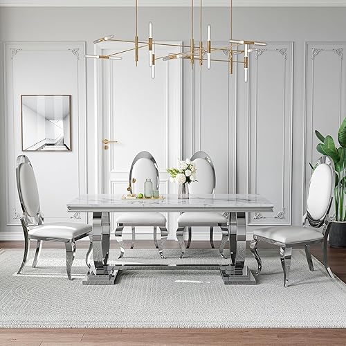Miniatura 7 de Juego de mesa de comedor de mármol sintético de 70 pulgadas para 6, mesa de cocina grande y sillas de cuero sintético blanco, mesas de comedor Plata