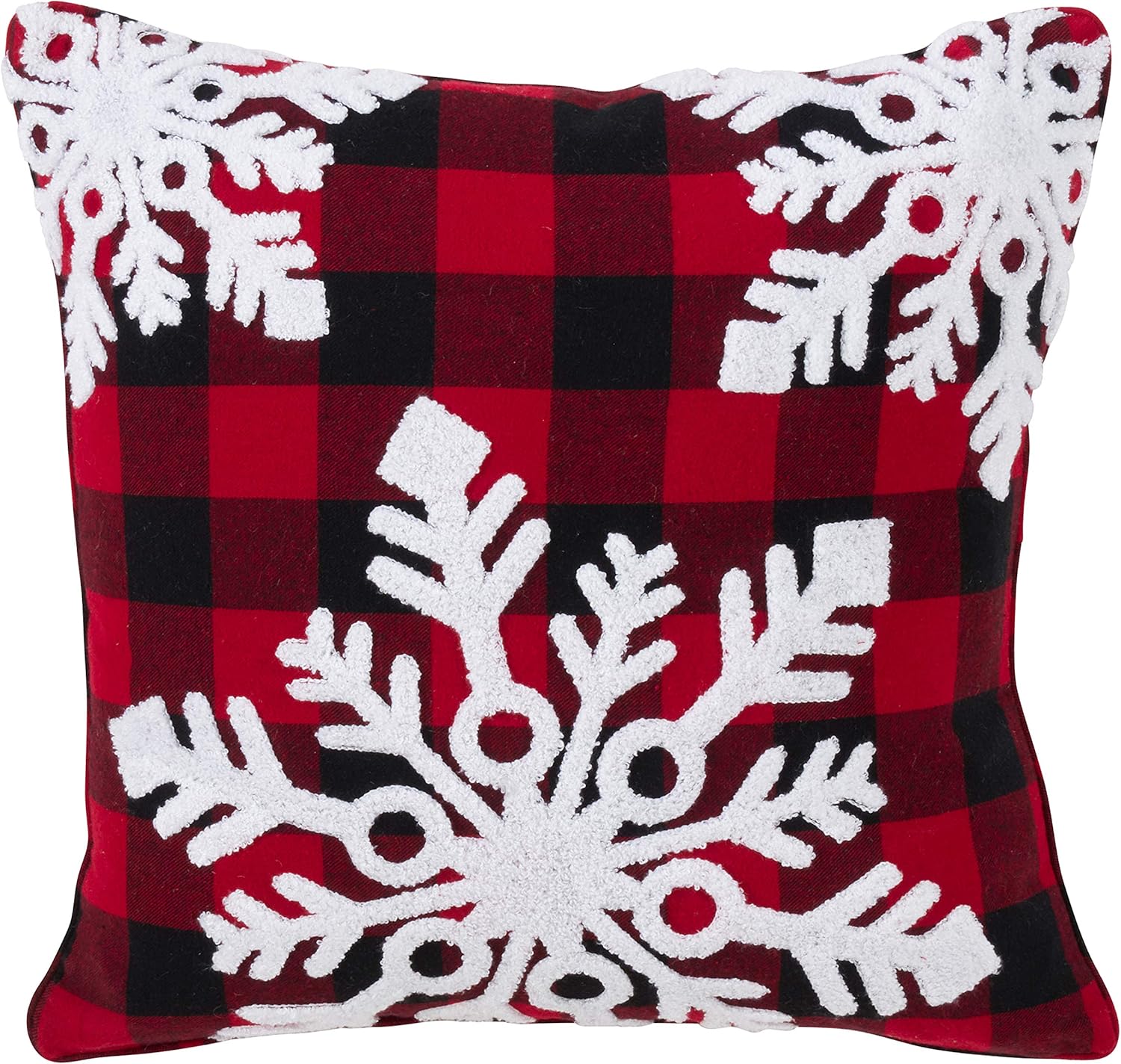 SARO LIFESTYLE La Neige Collection Down-Filled Big Snowflake Buffalo Plaid Design Cotton Pillow, 18"