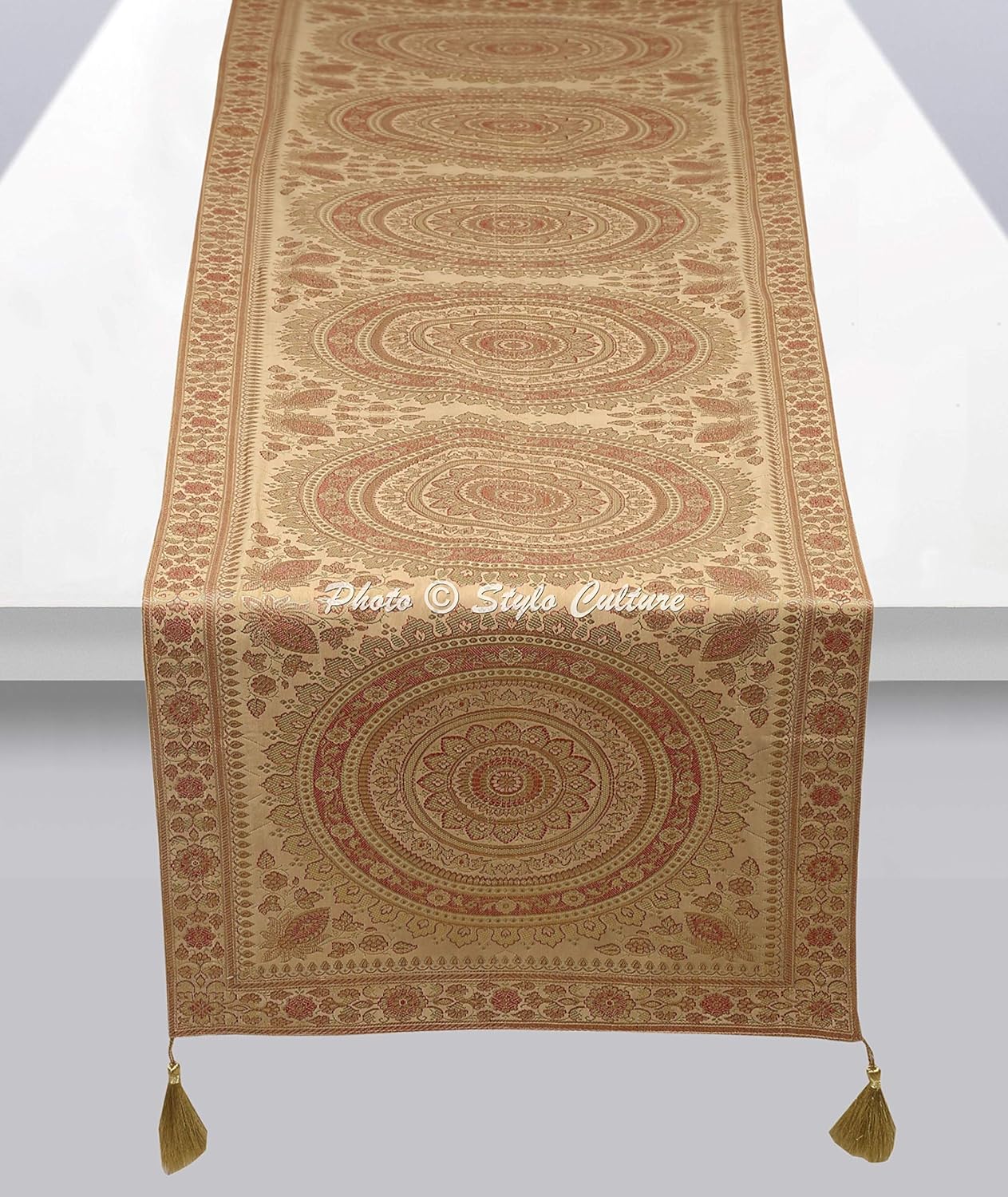 Decorative Ethnic Living Room Table Runner Traditional Gold Large Party Decor Round Mandala 68 Inch Long Brocade Jacquard Tassel Work Table Cloth Rectangle (68 x 16 Inch)
