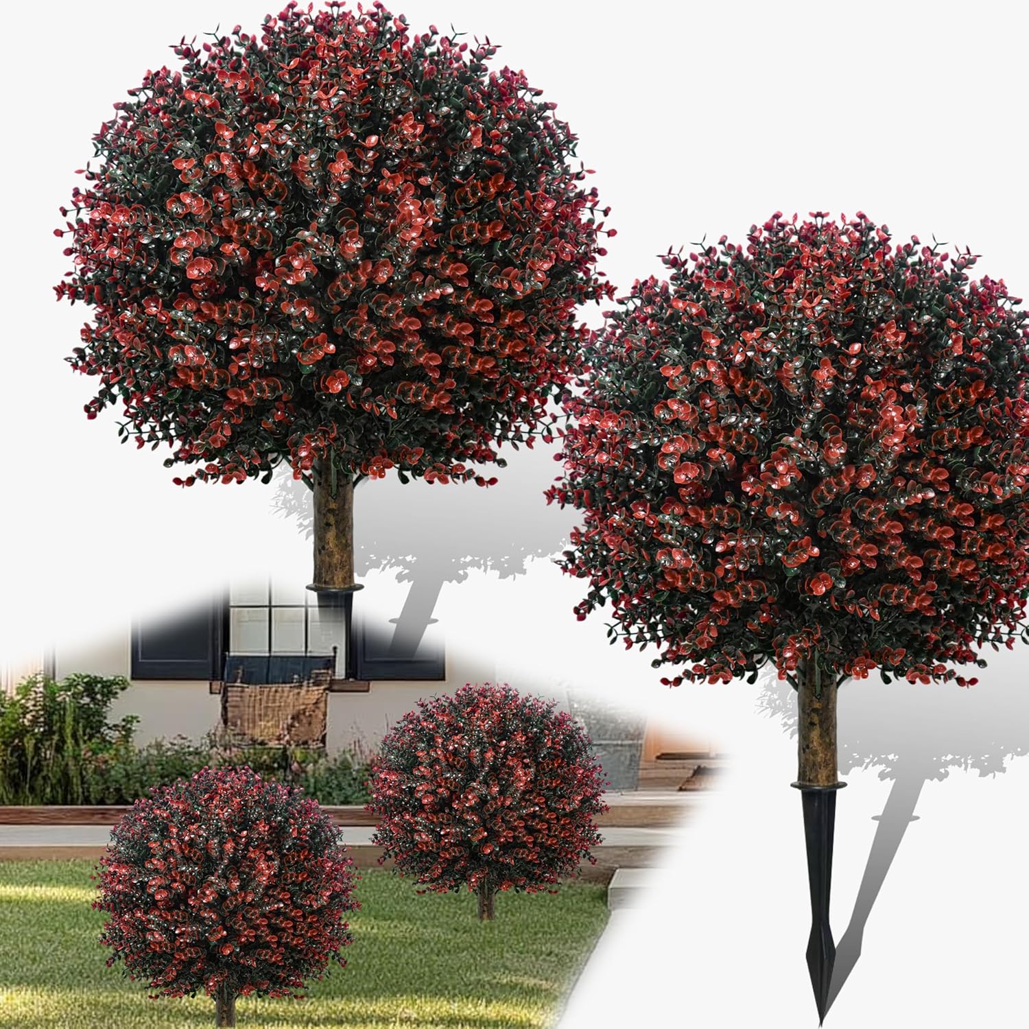 Ronyila Fall Artificial Boxwood Topiary Ball Tree Bushes with Ground Spike, Set of 2 Outdoor Faux Shrub Topiary Ball, 24" UV Resistant Fake Boxwood Plants for Potted Planter,Indoor,Autumn