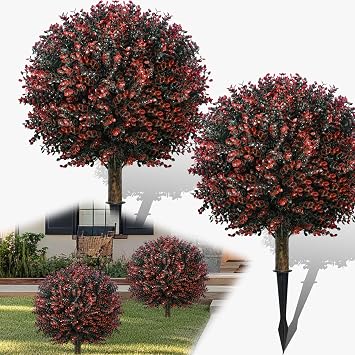 Artificial Boxwood Topiary Ball Tree with Stake, Set of 2 Spring Topiary Ball Outdoor Faux Shrub, 24" UV Resistant Fake Boxwood Plants for Potted Planter,Porch