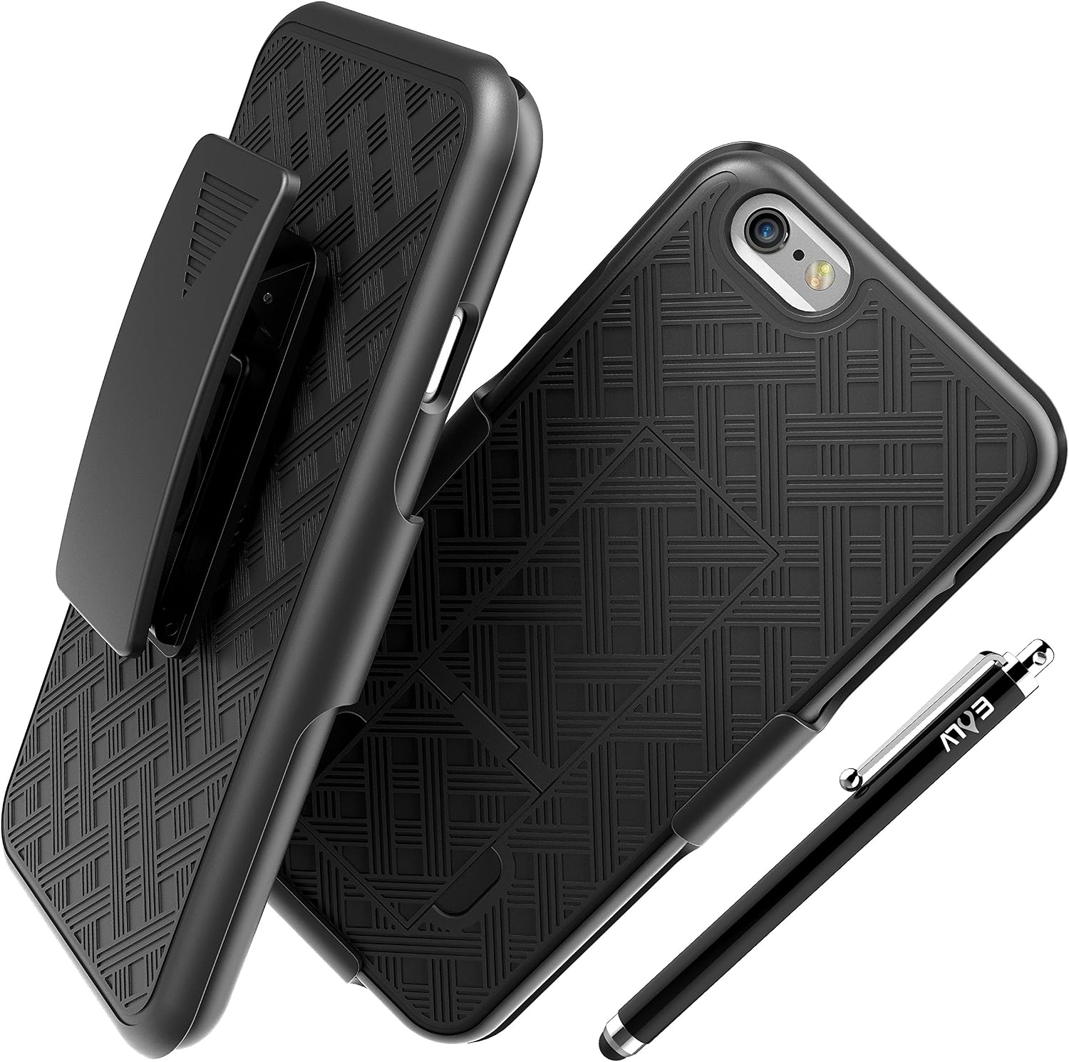 E LV Armor Holster Defender Case Cover with Kickstand and Belt Swivel Clip for iPhone 6S, iPhone 6 Bundle with 1 Stylus, 1 Screen Protector and 1 Microfiber - Black