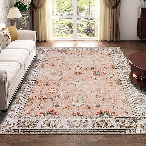 BRICHOEE Vintage Machine Washable Area Rug 5x7 Pink/Multi Low-Pile Indoor Floral Print Carpet Non Slip Printed Persian Boho Rug for Living Room