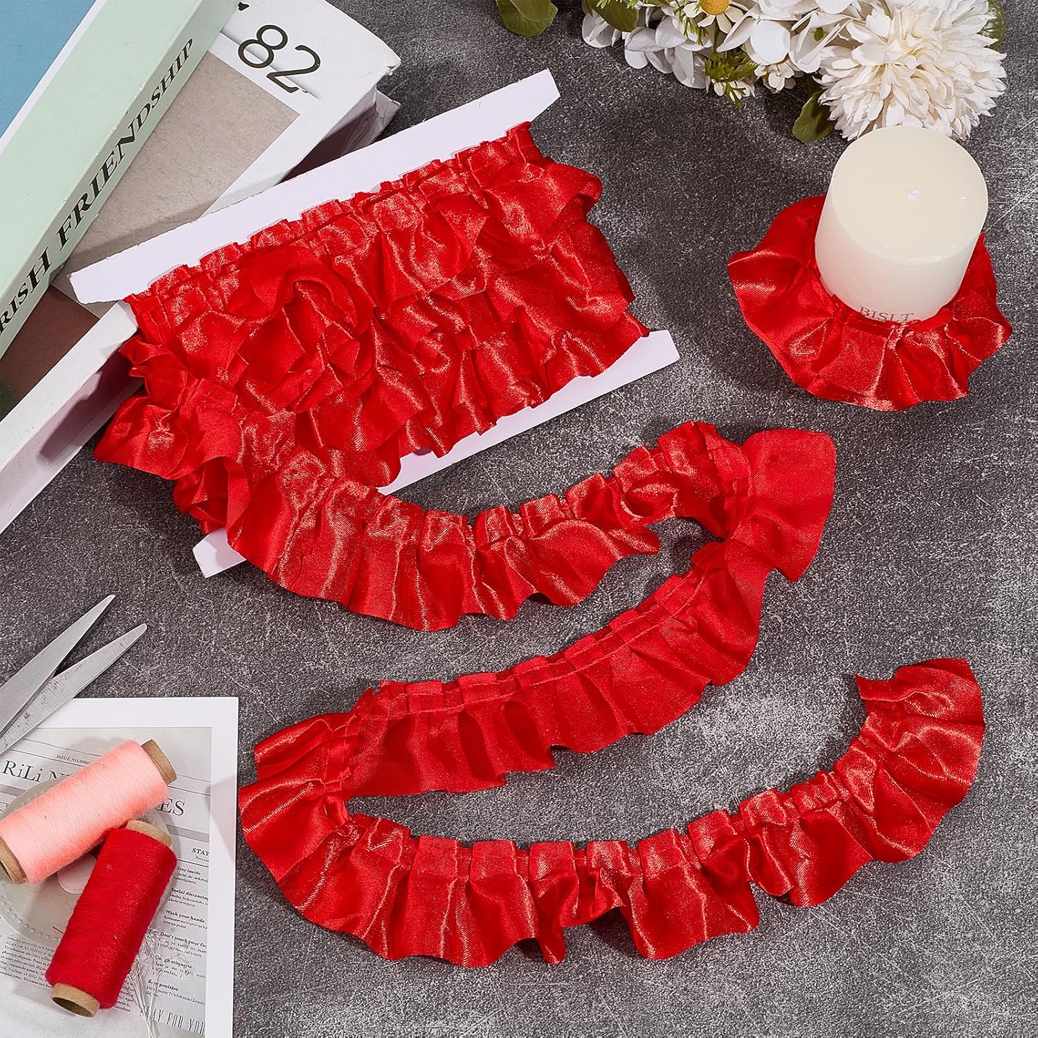 5 Yard 1.57" Satin Ruffle Pleated Trim, Red Satin Gather Pleated Ribbon