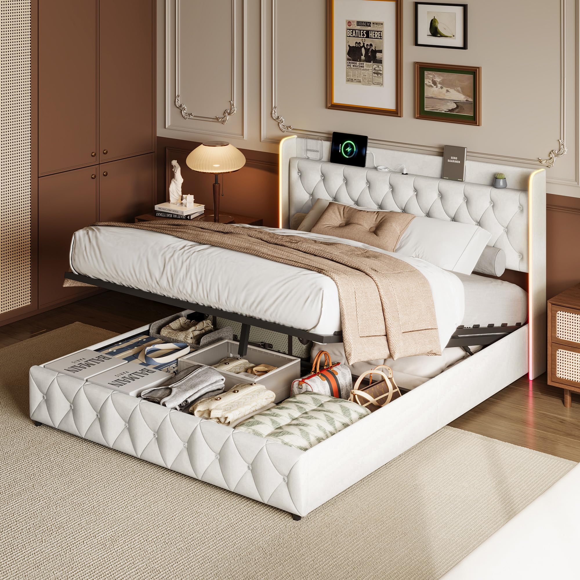 BRILVERDE Letto Imbottito 160x200 con Contenitore Idraulico, Letto Matrimoniale a LED con USB, Funzionale con testiera, Struttura Letto con Rete a doghe, in Velluto (Beige, 160 x 200 cm)