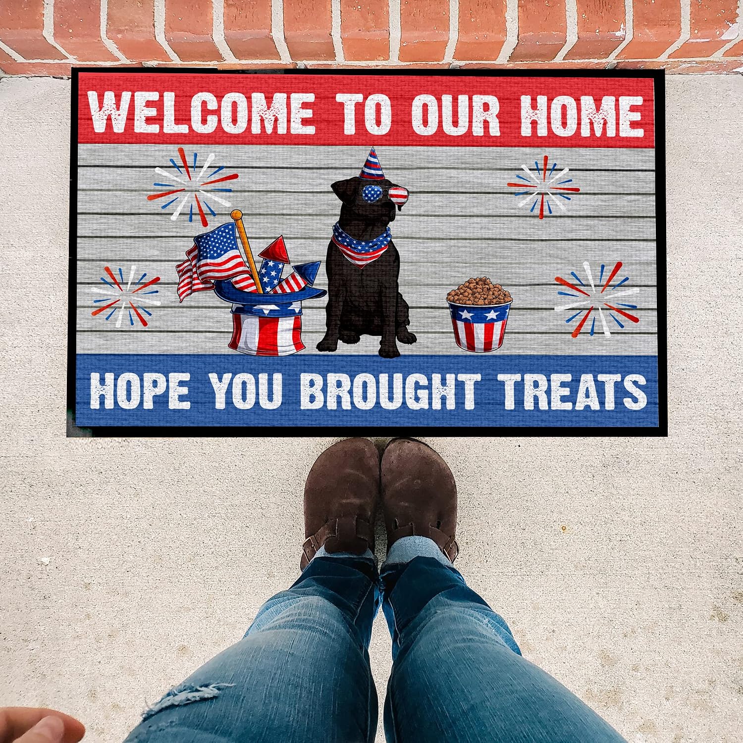 VictoryStore 4th of July Dog Doormat, 24 x36 Inches, Welcome to Our Home Hope Your Brought Treats Door Mat, Patriotic USA Door Mat (Black Lab)