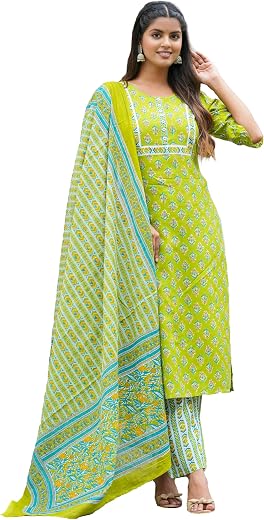 Yash Gallery Women's Rayon Floral Printed Straight Kurta with Pant & Dupatta Set