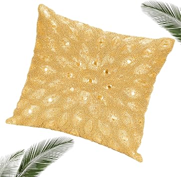 Lightnpro Handmade Gold Beaded Pillow Cover - 12x12 Inch, Elegant Accent Decorative Cushion Case for Couch, Sofa, and Bed - Boho Glam Throw Pillowcase - Cover Only 1 Pack