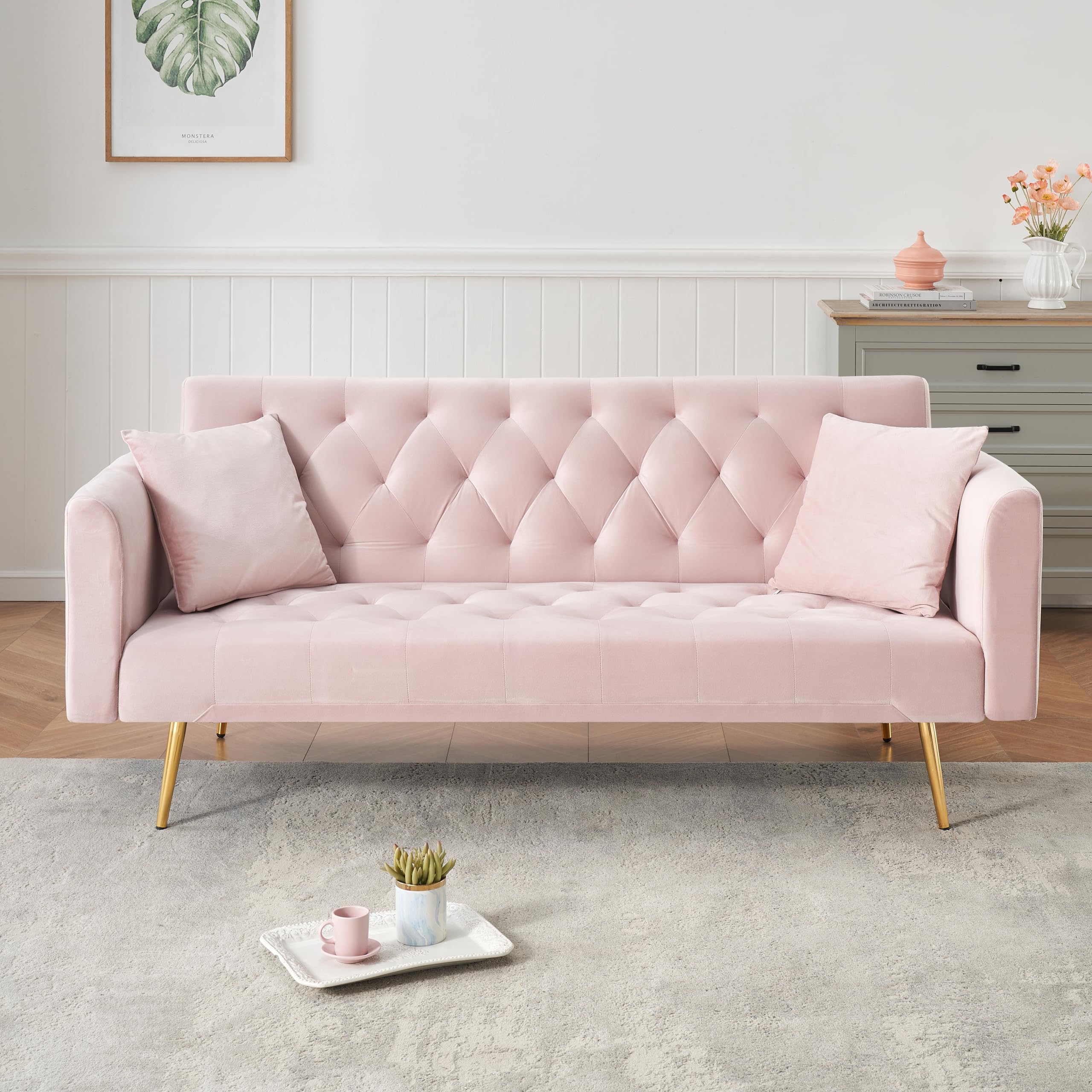 ERYE 71" Velvet Upholstered Tufted Futon Sofa Bed for Bedroom Studio, Modern Upholstered Futon Sleeper Convertible Sofabed W/Golden Leg & Piows for Home Apartment,Loveseat