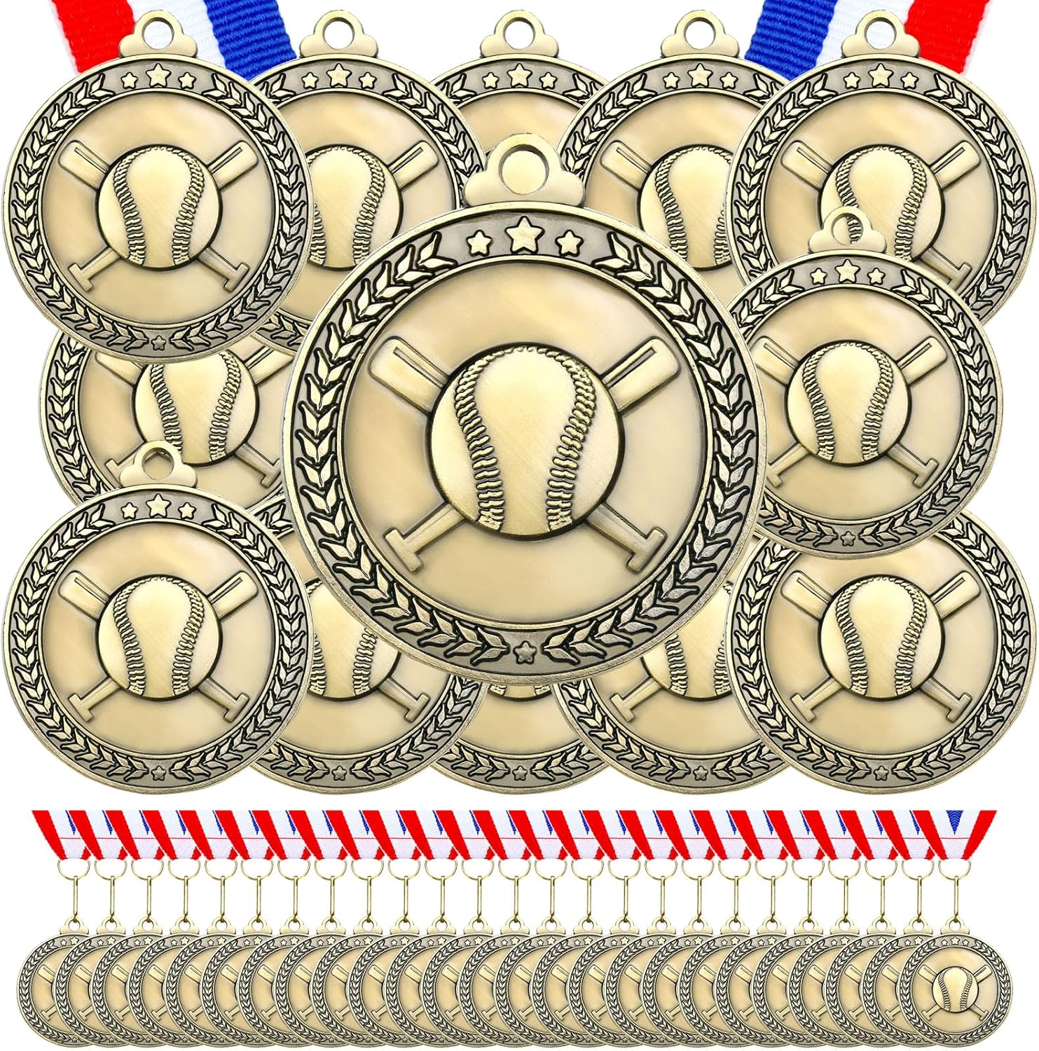 Remuuly 60 Pcs Gold Award Medals 2 Inch Soccer Baseball Volleyball Football Cheer Trophy Medals Metal Awards Bulk with Neck Ribbons Trophy Prize Gifts for Sports Competitions