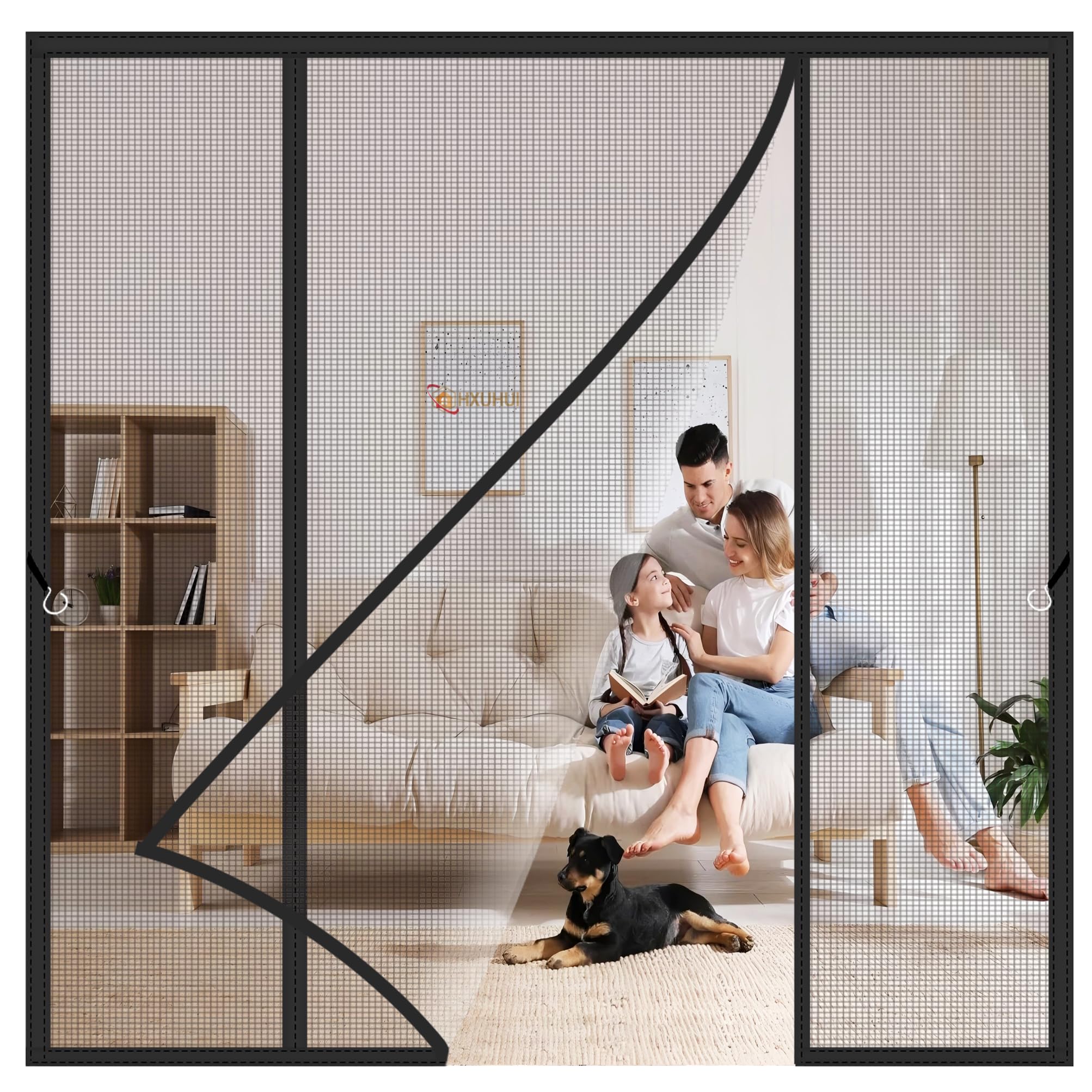 Hxuhui Black Double Door Magnetic Curtain 175X215cm Damage-Free Mounting With Strong Adhesive Strips For Elegant French Doors Leading To Patios And Balconies