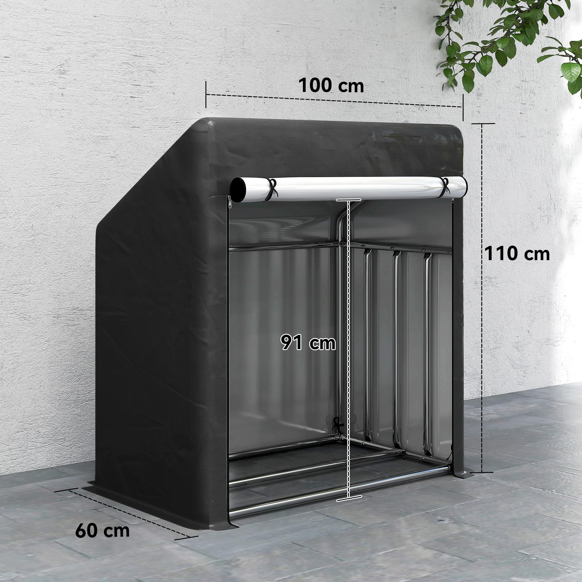 Outsunny Legnaia da Esterno in Acciaio Rinforzato, Portalegna Impermeabile 100x60x110 cm Nero Argento