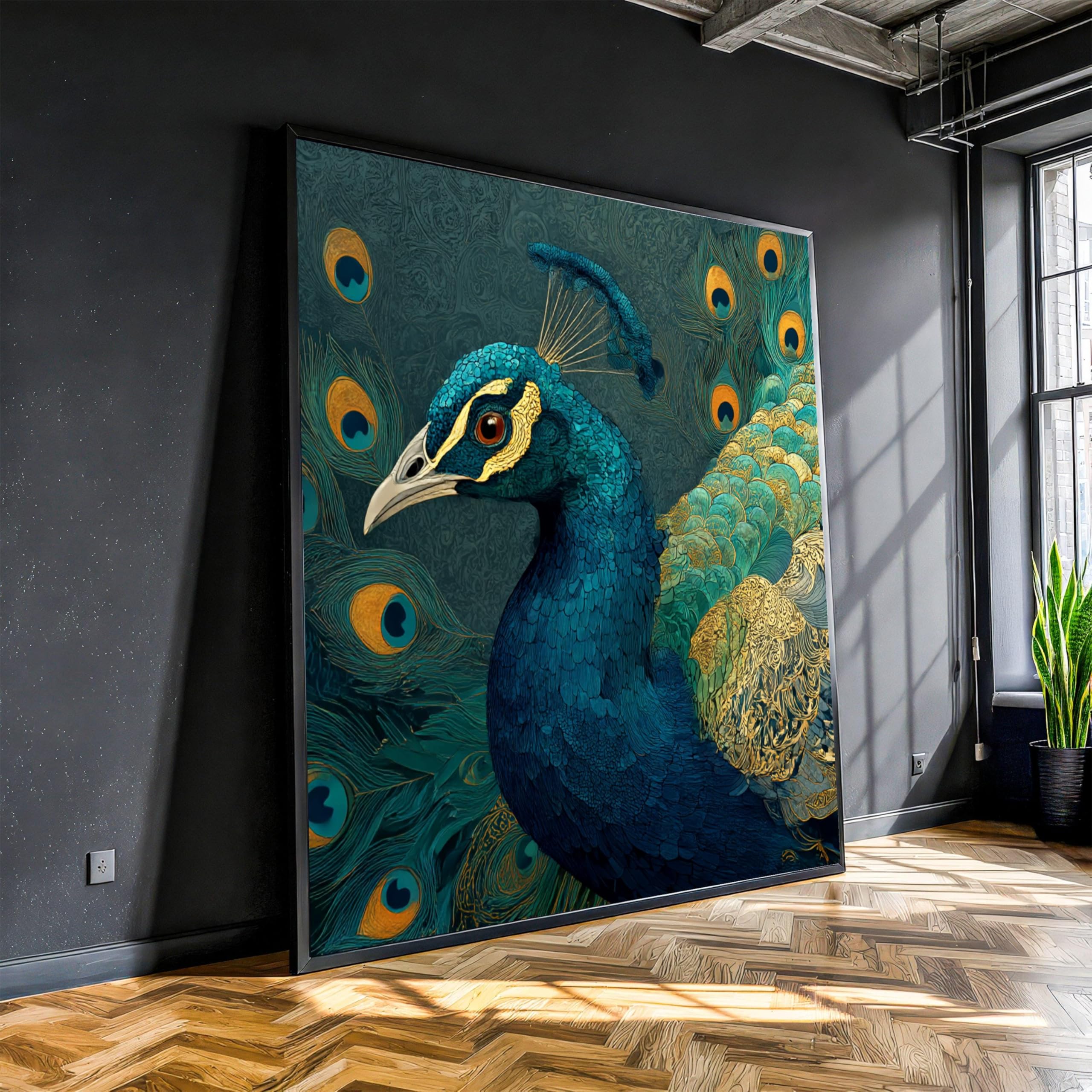 YUSUZHU Peacock Portrait Canvas, Animals Canvas Wall Art, Decorative Bird Feather Design, Luxury Home Canvas Decoration Painting(50x50cm/Frameless)