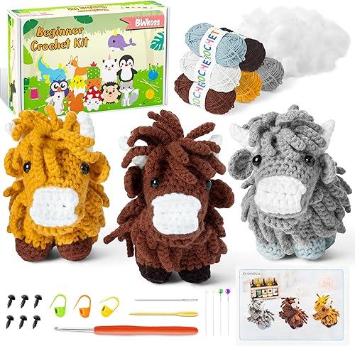 BWkoss Kit de ganchillo para principiantes, kit de inicio de ganchillo de vaca de las tierras altas para adultos y niños, kit de manualidades