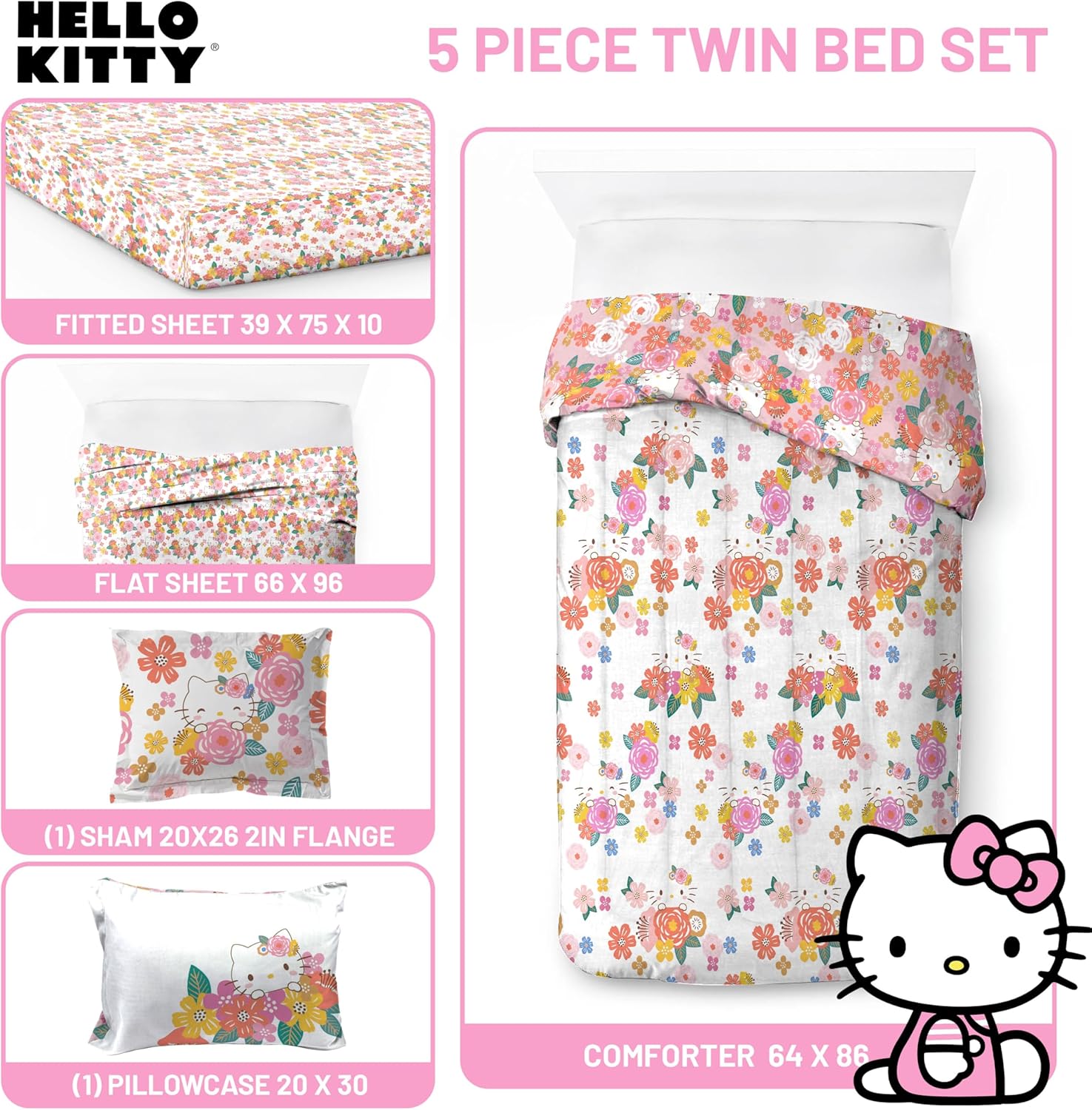 Jay Franco Hello Kitty Twin Size Comforter Set - 7 Piece Bedding Includes Sheet Set & Pillow Covers - Super Soft Floral Bedding - Image 3