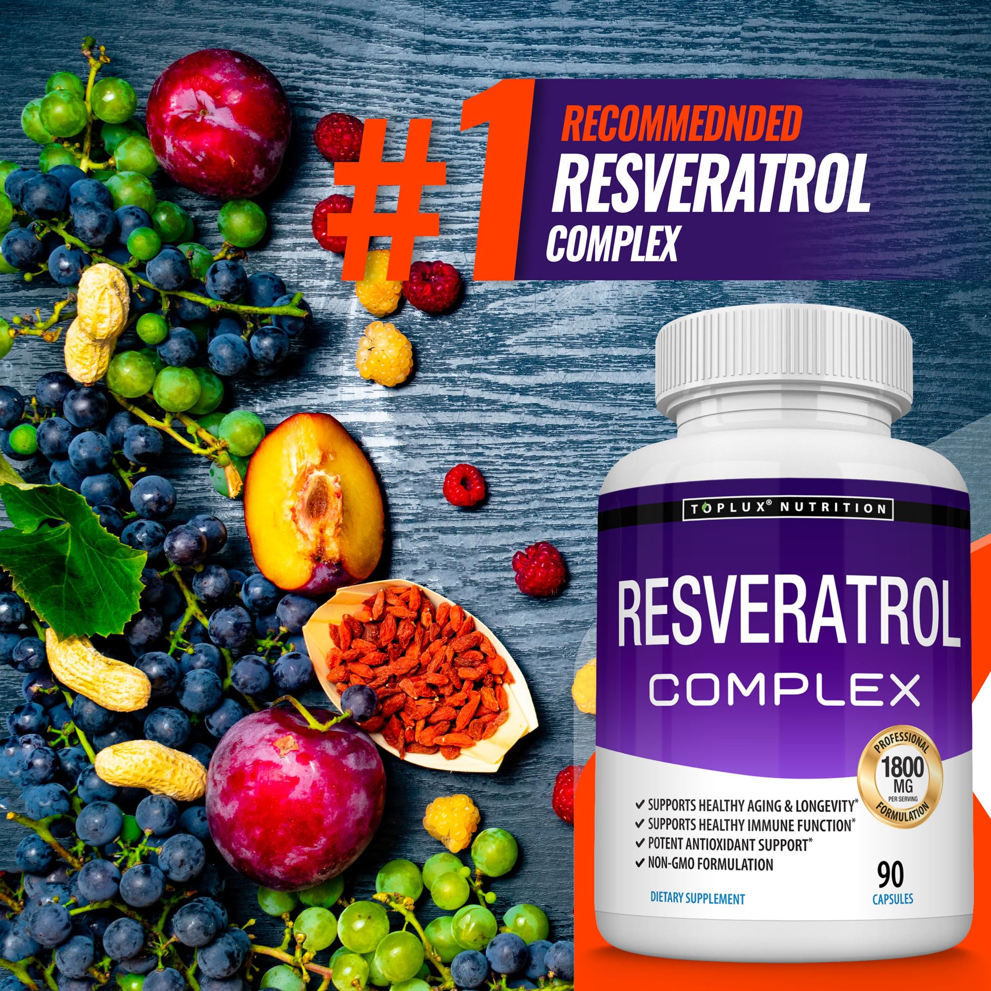 Resveratrol Supplement 1800 mg Antioxidant Complex - Highly Potent Natural Trans-Resveratrol Pills for Healthy Aging, Overall Health Support, Immune System, Brain Function, for Men Women, 90 Capsules — Amazon image 7