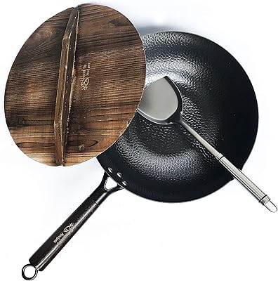 Souped Up Recipes Carbon Steel Wok For Electric, Induction and Gas Stoves (Lid, Spatula and User Guide Video Included)