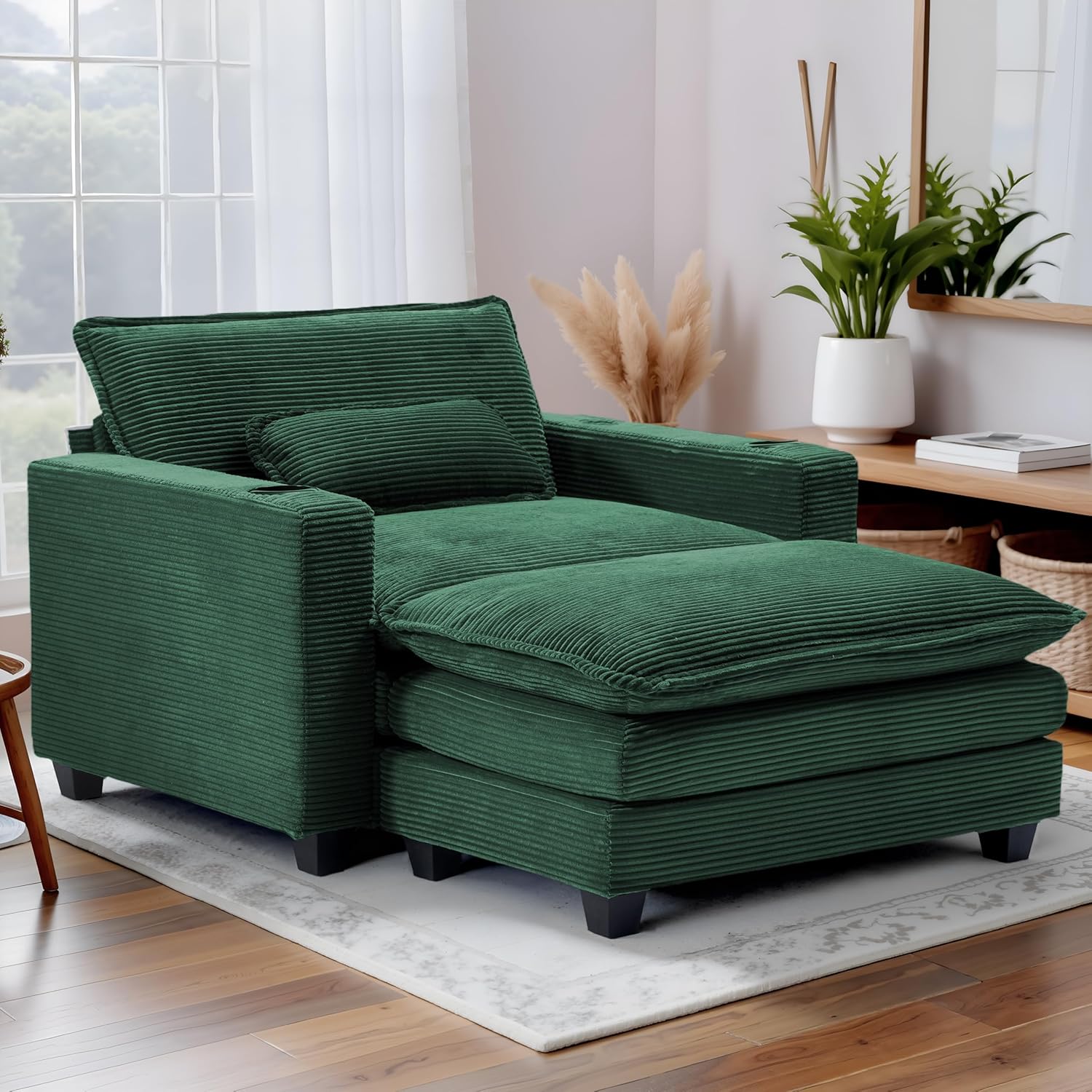 Corduroy Oversized Chair with Ottoman - 41" W Large Comfy Accent Chair and Ottoman Set, Modern Single Sofa Chair with USB Port & Cup Holders, Cloud Lounge for Living Room (Green)