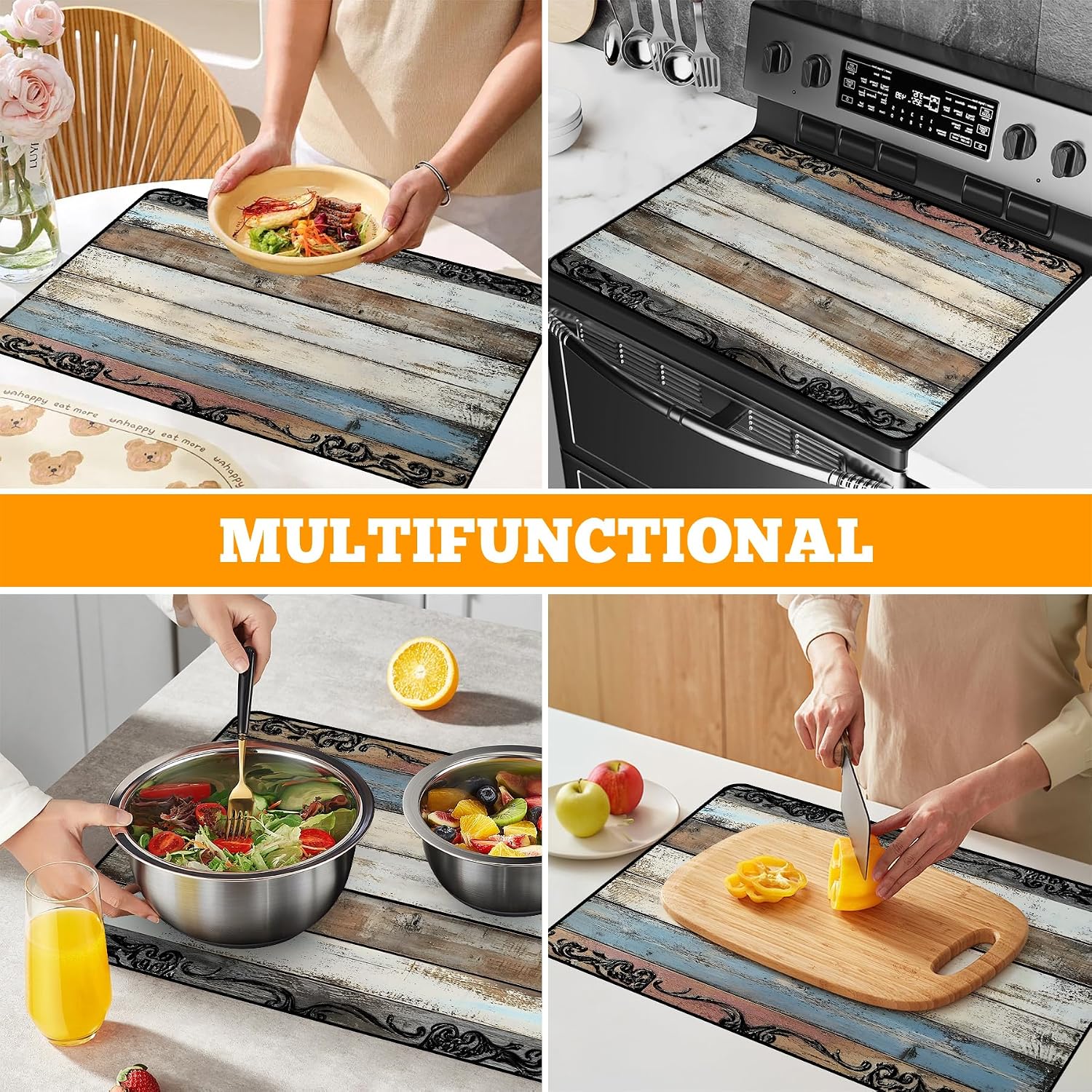Multi-Design Stove Top Cover for Glass/Electric Stoves - 3-in-1 Heat-Resistant Protector Mat, Non-Slip Drying Rack 28"x20" (Wood Grain, 28" L x 20" W)