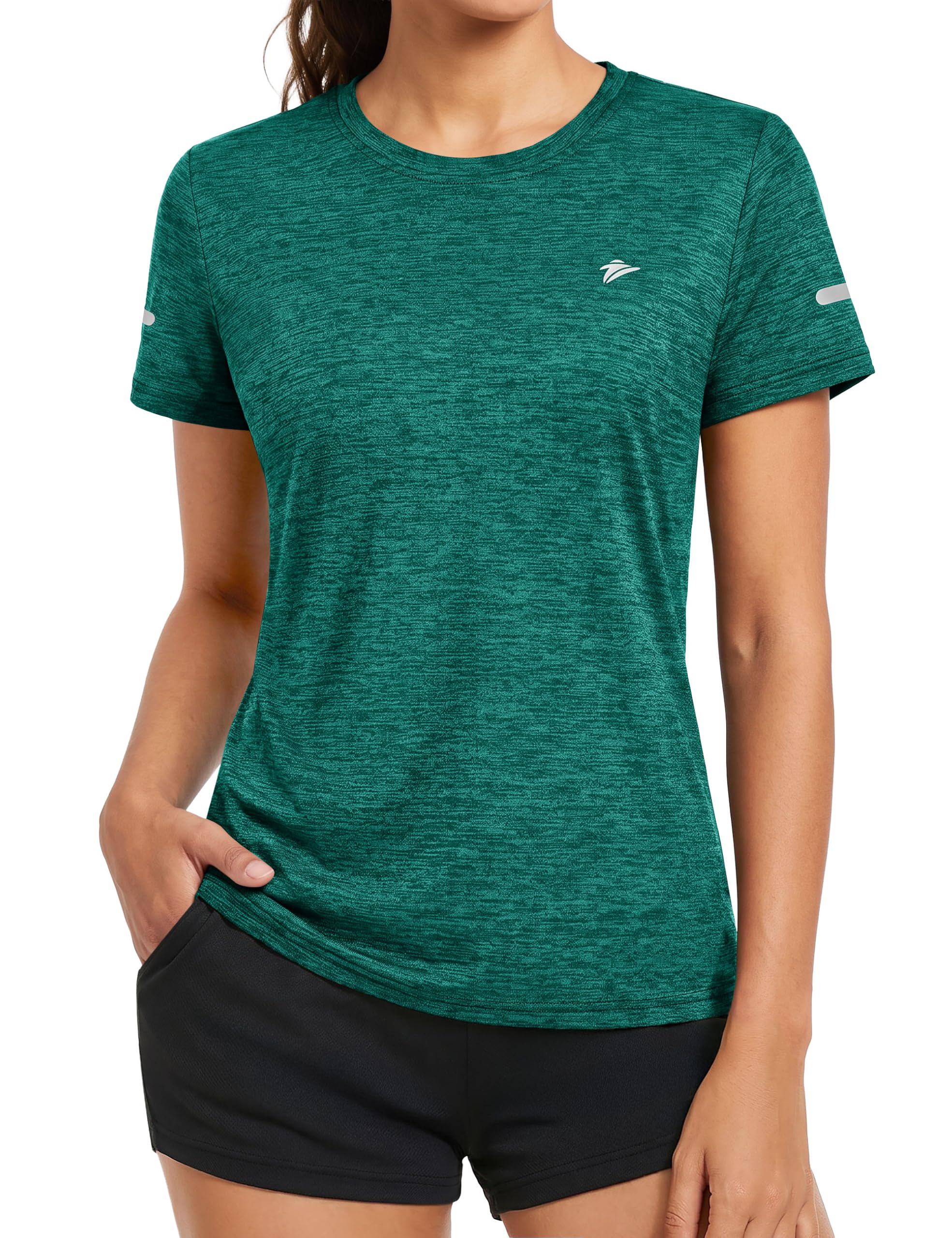 KEFITEVD Melange Sportshirt Damen Kurzarm mit Reflexstreifen Atmungsaktiv Stretch Funktionsshirt Rundhals Leicht Tshirt Schnelltrocknend Laufshirt Regular Fit
