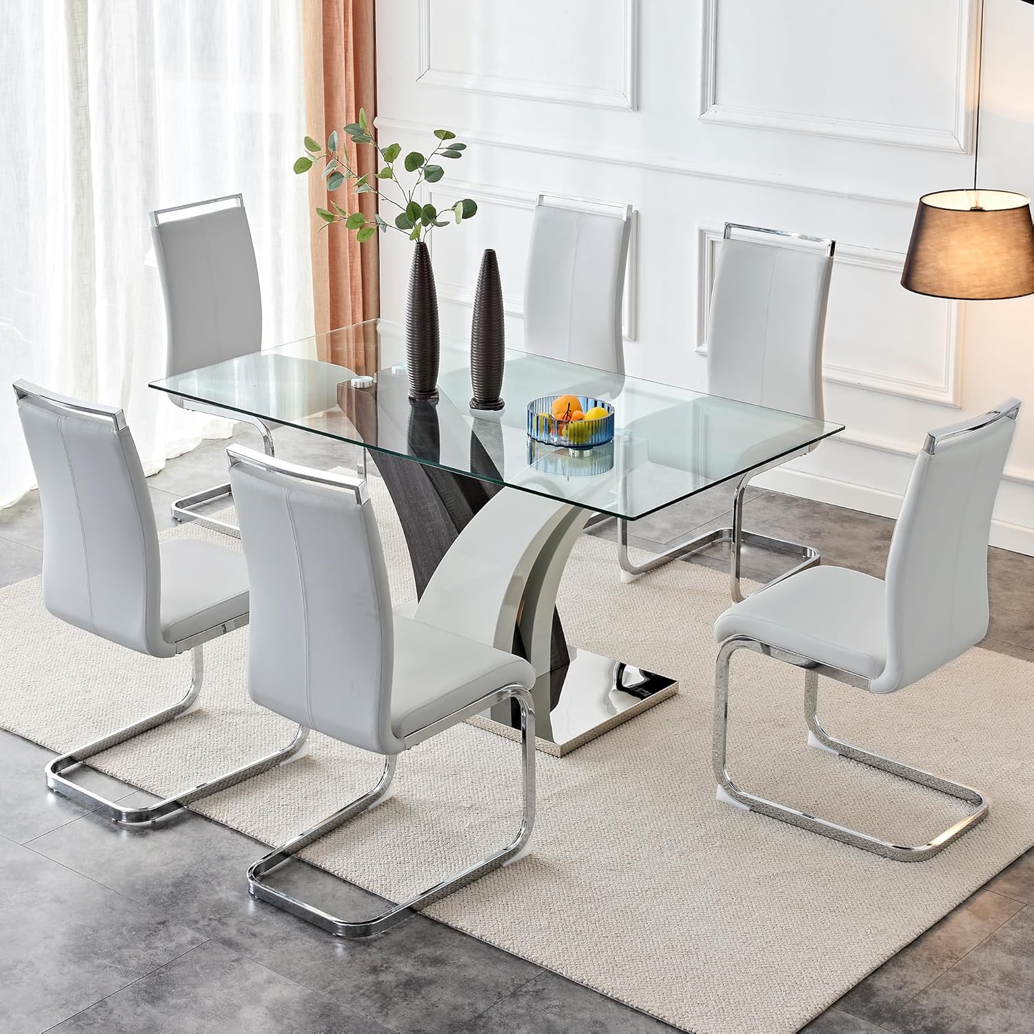 AZmac Glass Dining Table Set for 6, 63" Dining Room Table