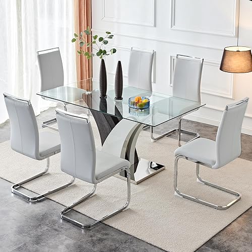 Miniatura 15 de AZmac Juego de mesa de comedor de cristal para 4, juego de mesa de comedor de 63 pulgadas para 4, mesa de cocina moderna y 4 sillas de comedor de