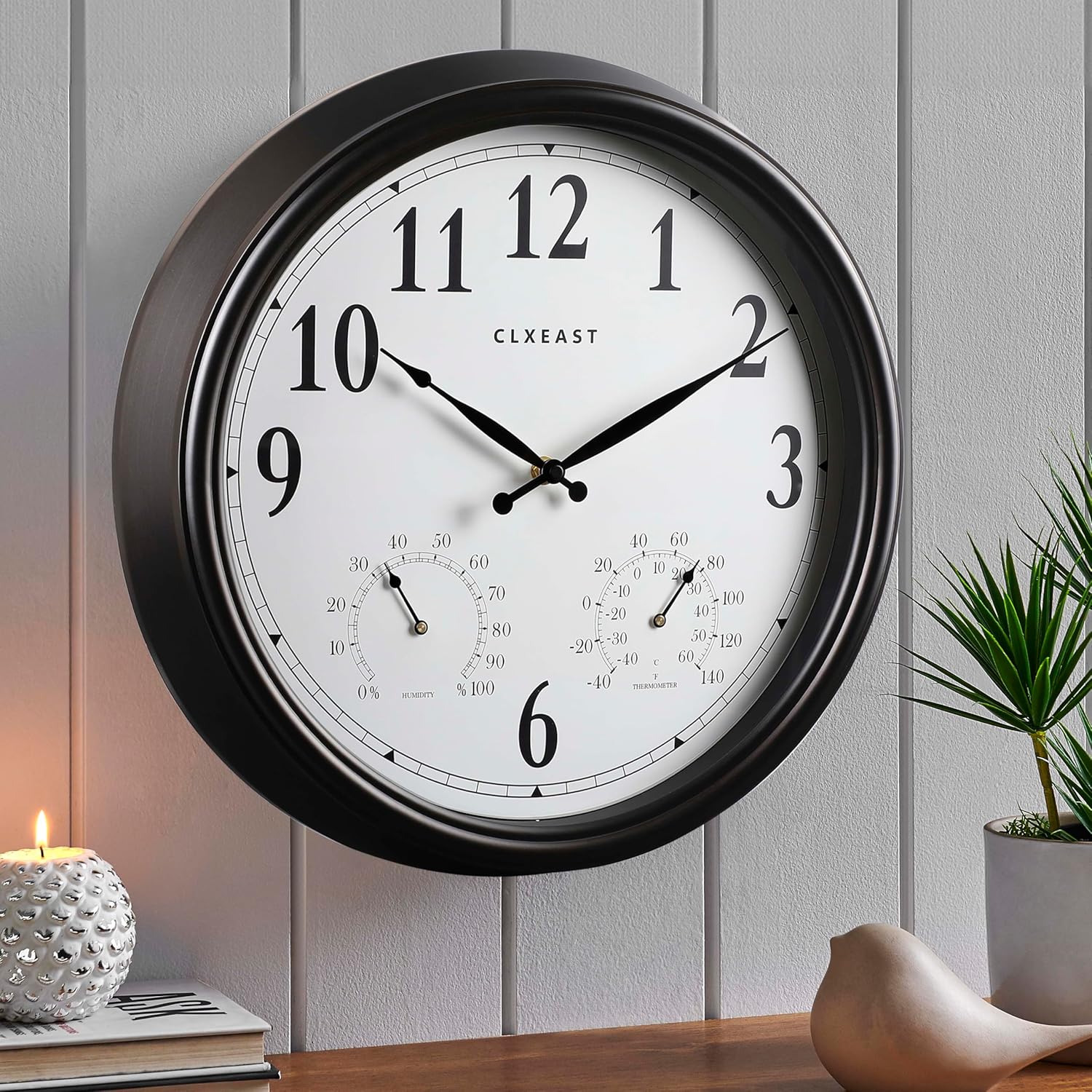 CLXEAST Indoor Outdoor Clocks Waterproof 16 Inch, Large Outdoor Clock with Temperature and Humidity for Patio,Porch,Pool,Oil Rubbed Bronze Black Finish, Spring Garden Decor