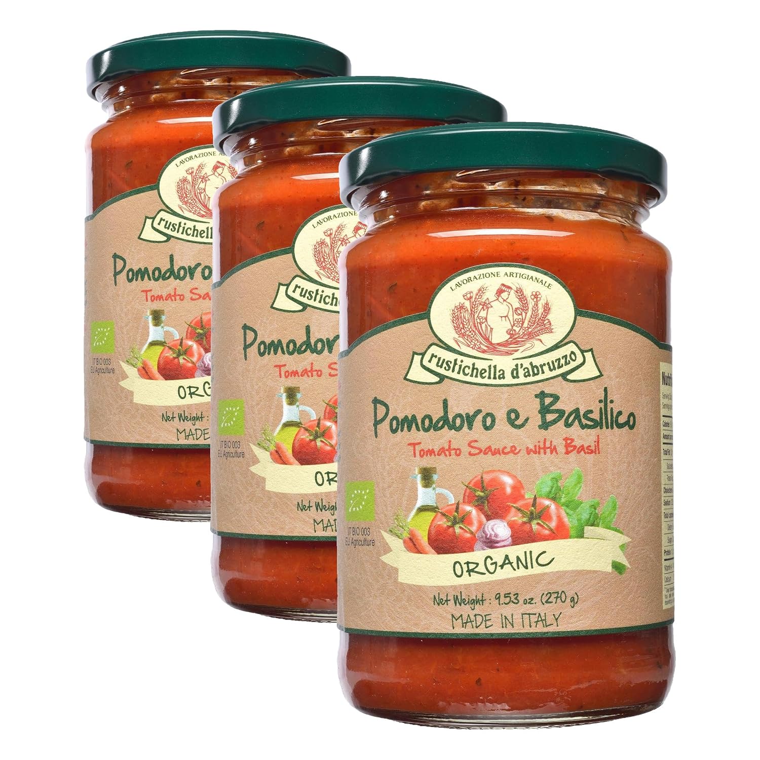 Rustichella d'Abruzzo Tomato & Basil Sauce | Authentic Italian Tomato Sauce with Fresh Basil & Olive Oil | Vegan | Perfect for Pasta, Pizza, Spaghetti & Marinara (9.53 oz / 270 g) (Pack of 3)