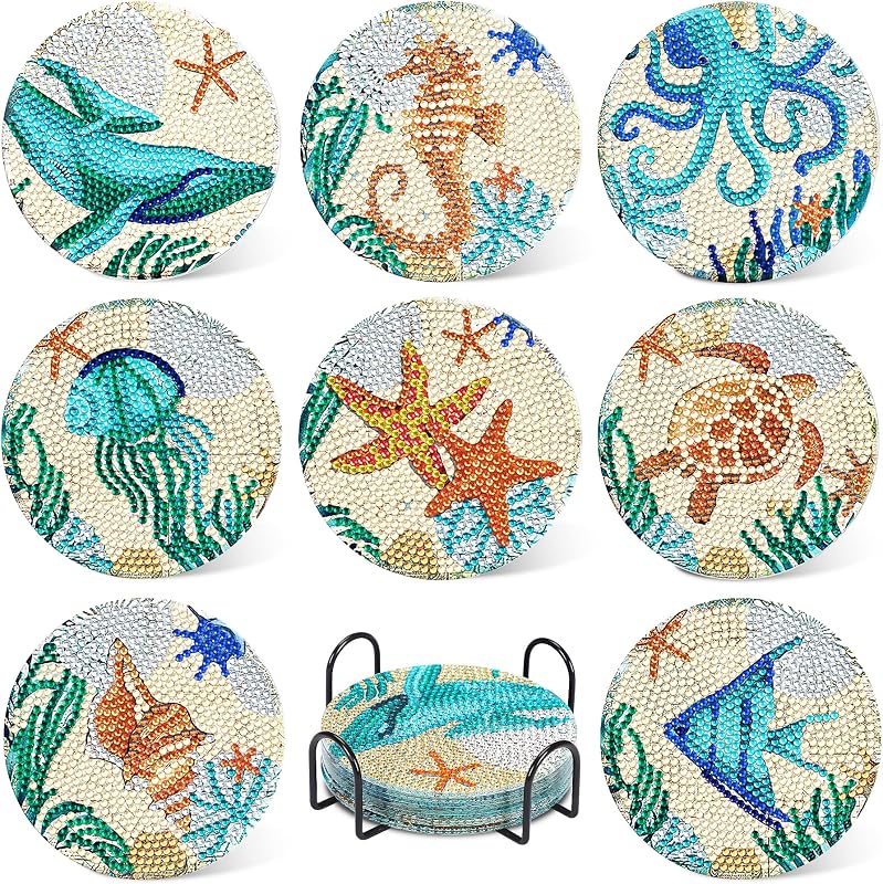 UPINS Ocean Diamond Art Painting Coaster Kit, 8Pcs DIY Crafts Kit with Holder, Non Slip Coaster Art Supplies for Adults, Ideal Christmas Gift | Beach DIY Crafts Kit with Holder,Non Slip Coaster Art Supplies for Adults,Ideal Christmas Gift