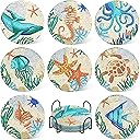 UPINS Ocean Diamond Art Painting Coaster Kit, 8Pcs DIY Crafts Kit with Holder, Non Slip Coaster Art Supplies for Adults, Ideal Christmas Gift