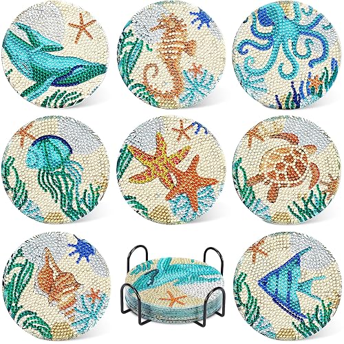 UPINS Ocean Diamond Art Painting Coaster Kit, 8Pcs DIY Crafts