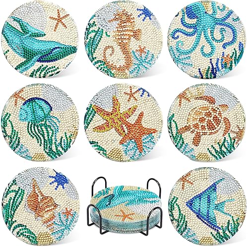 UPINS Ocean Diamond Art Painting Coaster Kit, 8Pcs DIY Crafts Kit with Holder, Non Slip Coaster Art Supplies for Adults, Ideal Christmas Gift - Ocean