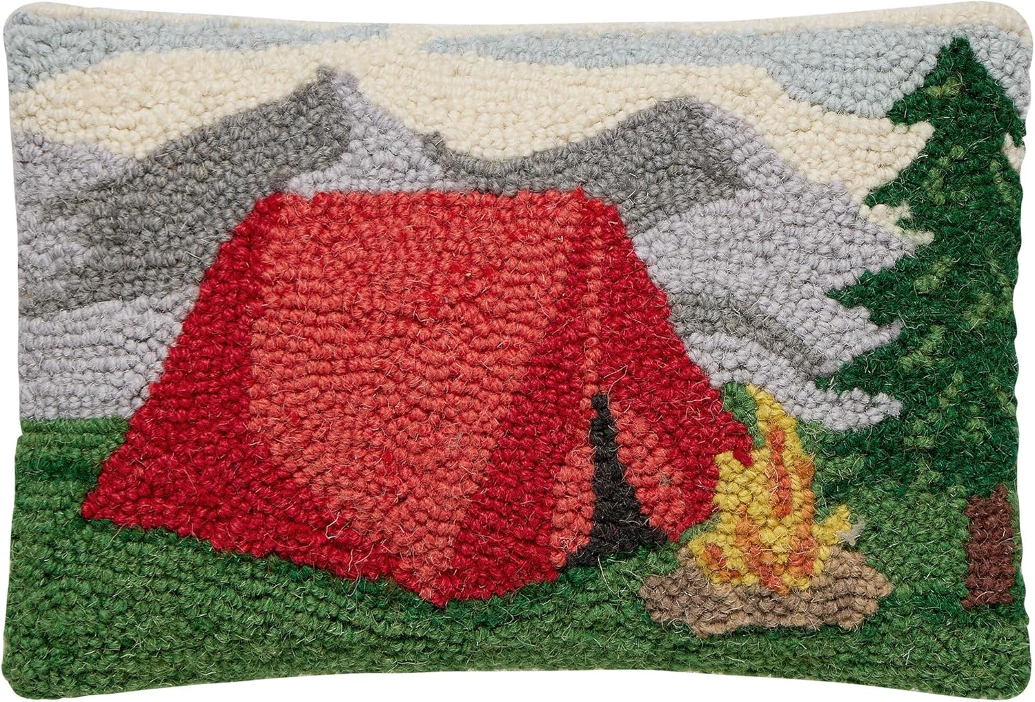 Peking Handicraft Mountain Camp Hooked Throw Pillow, 1 Piece, 12 Inches, Red, Green and Gray