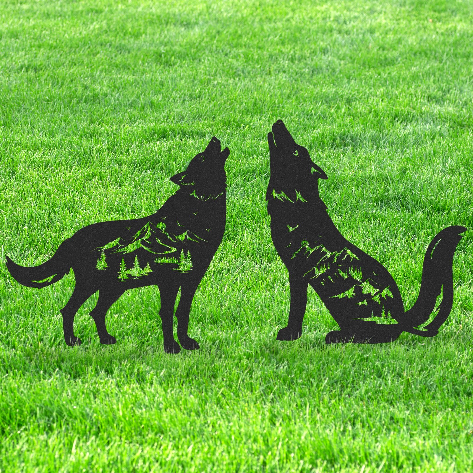 LIRAVENO Wolf Garden Stakes Decorations - 2 Pcs Metal Howling Animals Silhouette Outdoor Statues Black Decorative Yard Sculpture Gifts Art Personalized Outside Decors for Patios Lawn Pathway Backyard