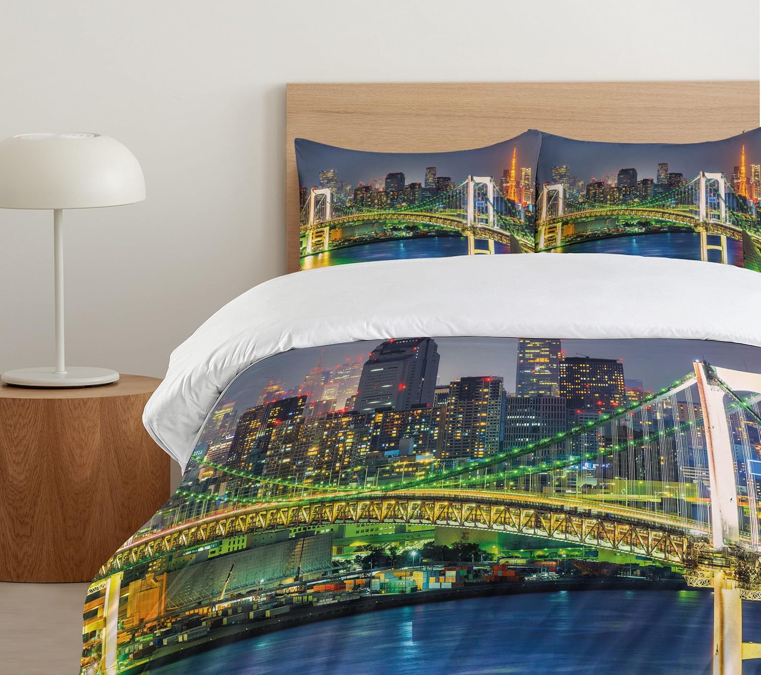 Ambesonne Landscape Duvet Cover Set, Tokyo Skyline with Tokyo Tower and Rainbow Bridge Tokyo Japan Night Scenery View, Decorative 3 Piece Bedding Set with 2 Pillow Shams, Queen Size, Green Navy