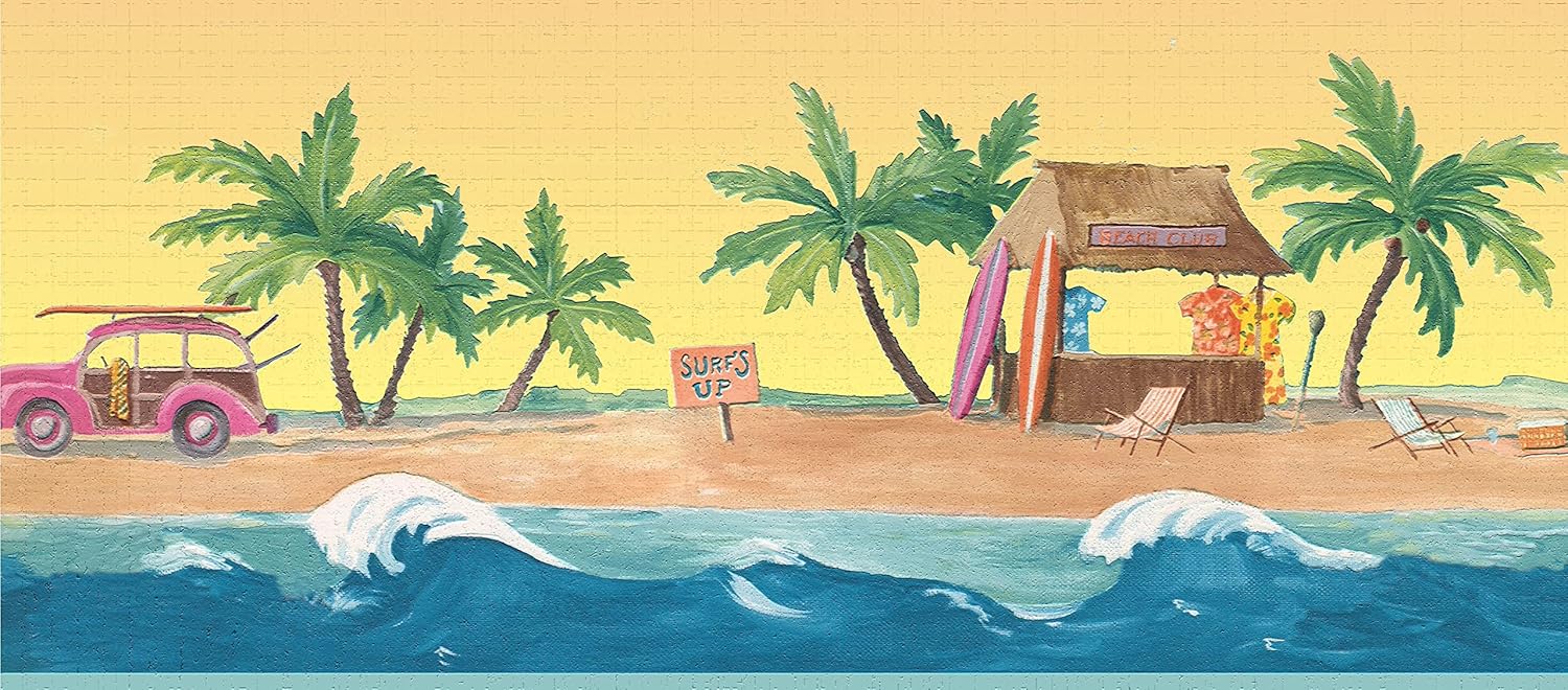 Dundee Deco Wallpaper Border Peel and Stick DDAZBD9254 Nature Green Blue Yellow Beach Wall Border Retro Design, 15 ft x 7 in (4.57m x 17.78cm), Self Adhesive