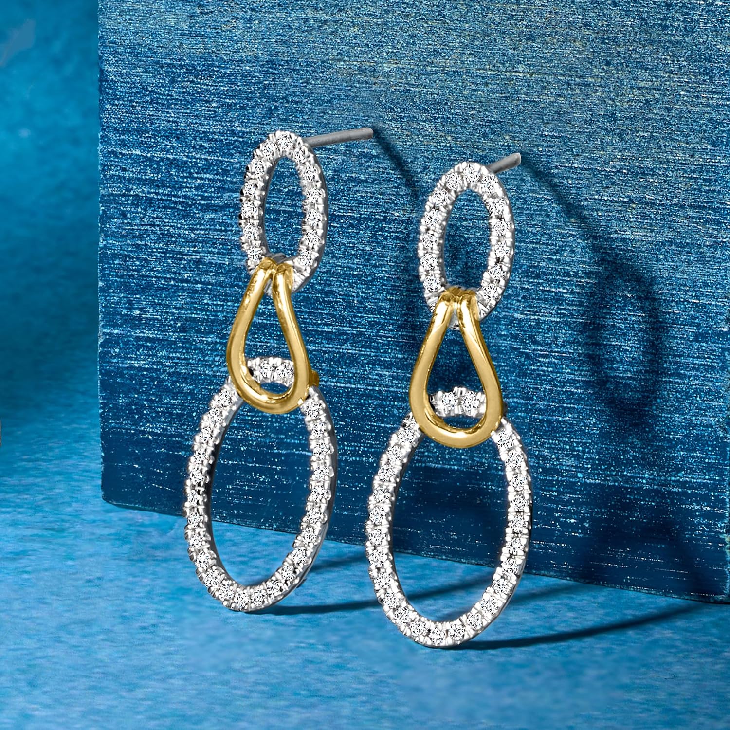 Ross-Simons 0.50 ct. t.w. Diamond Oval Loop Drop Earrings in Sterling Silver and 14kt Yellow Gold